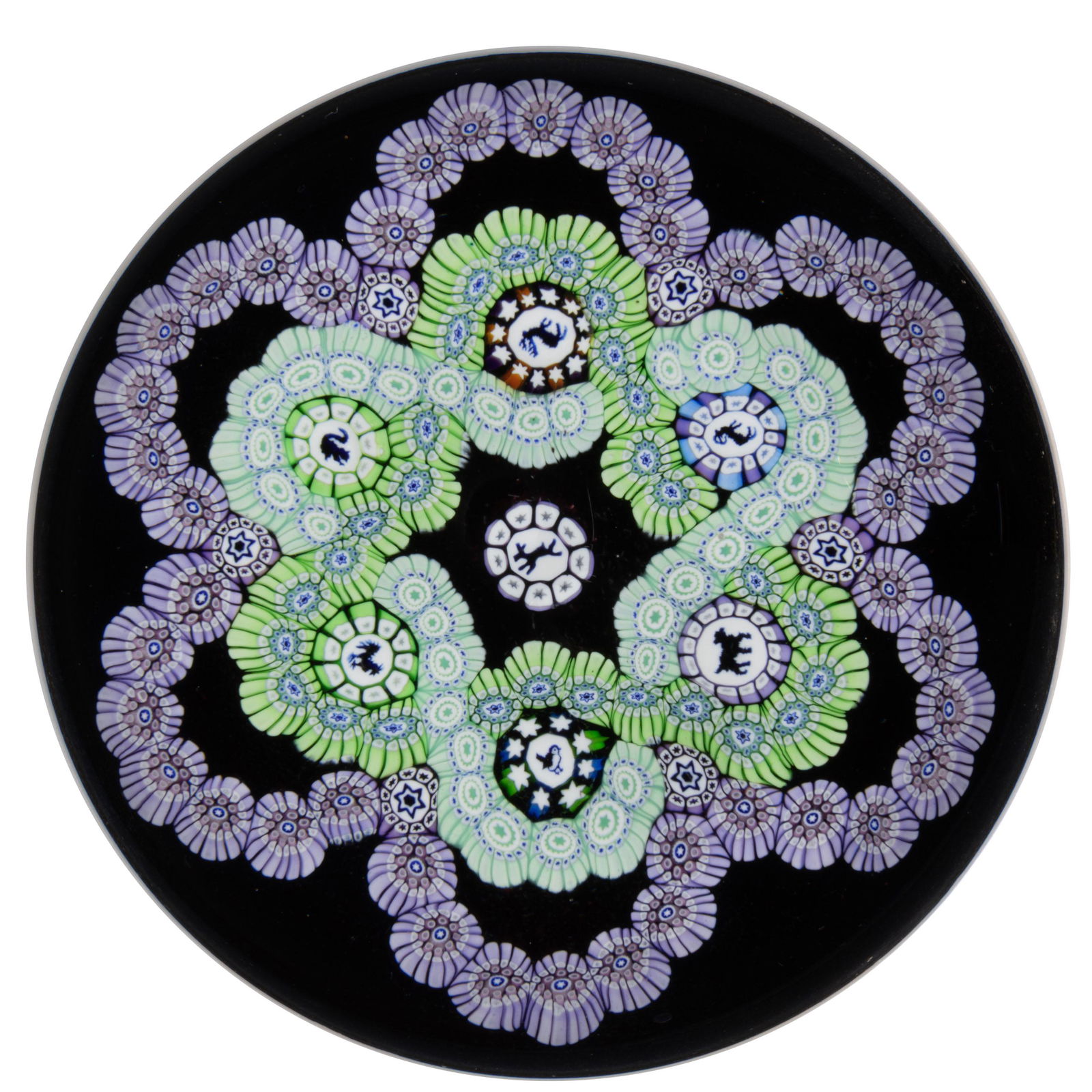 JOHN DEACONS (SCOTTISH, B. 1950) INTERLACED GARLANDS AND SILHOUETTE MILLEFIORI STUDIO ART GLASS (1 of 2)