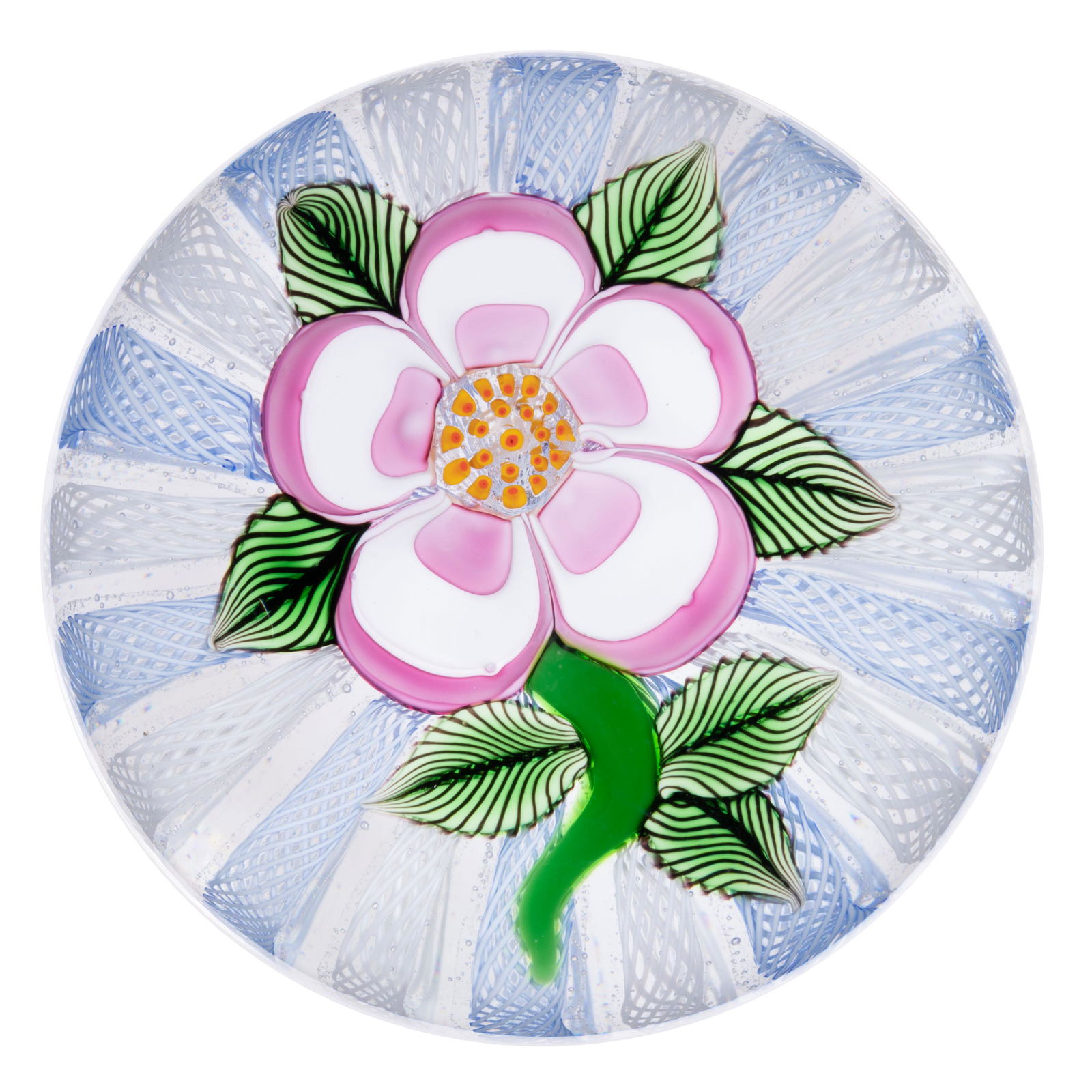 JOHN DEACONS (SCOTTISH, B. 1950) PRIMROSE LAMPWORK STUDIO ART GLASS PAPERWEIGHT, central pink and (1 of 2)