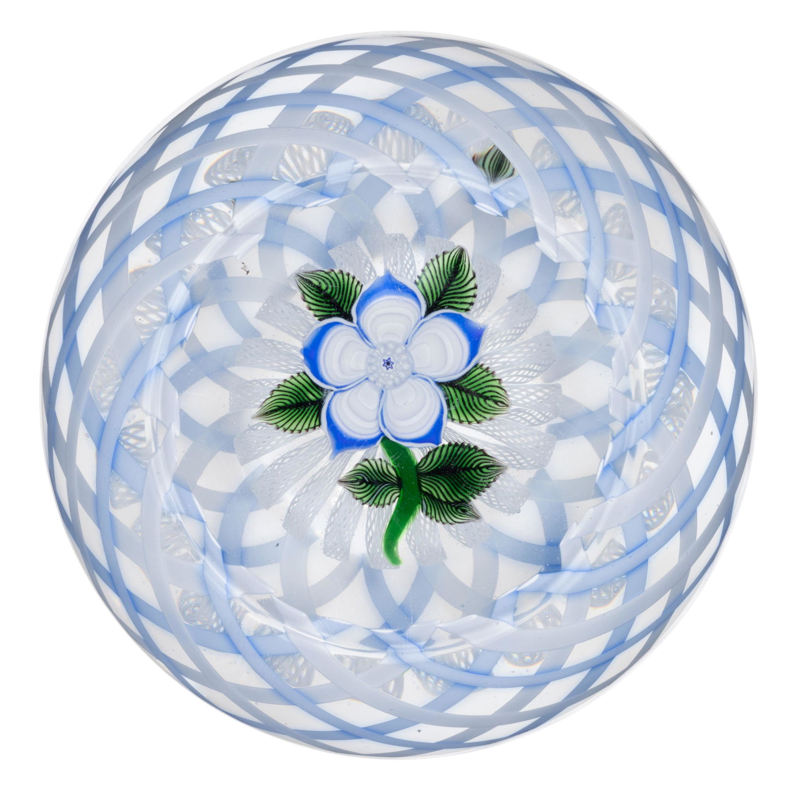 JOHN DEACONS (SCOTTISH, B. 1950) ANEMONE LAMPWORK STUDIO ART GLASS PAPERWEIGHT, blue and white (1 of 2)