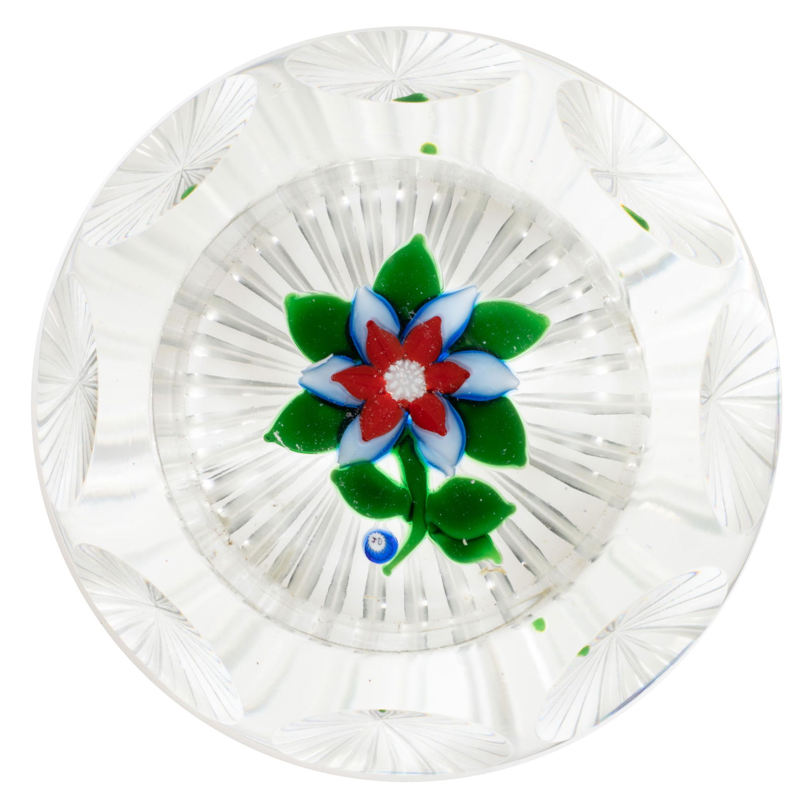 JOHN DEACONS (SCOTTISH, B. 1950) SINGLE-FLOWER LAMPWORK STUDIO ART GLASS PEDESTAL PAPERWEIGHT, (1 of 2)