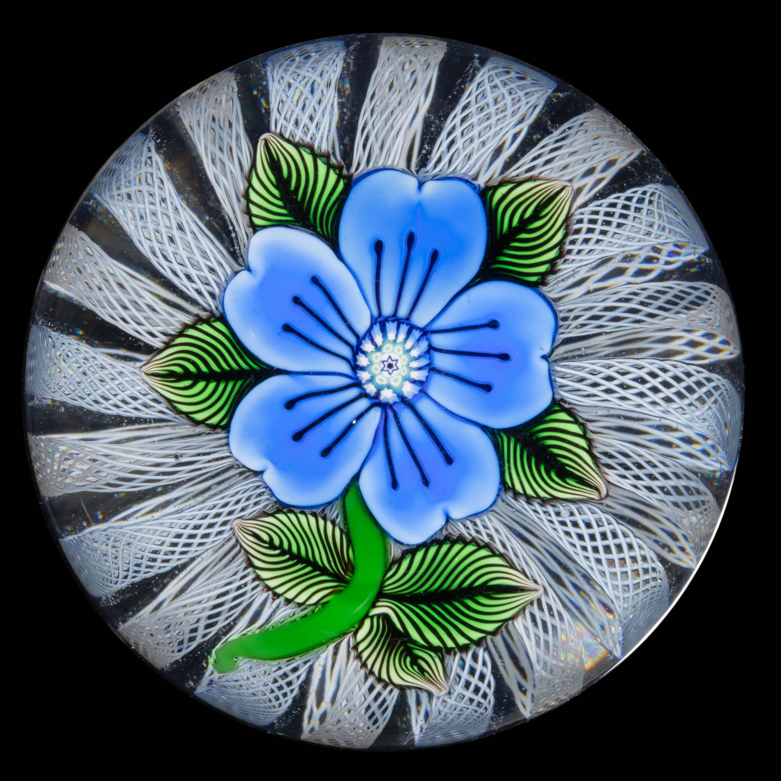 JOHN DEACONS (SCOTTISH, B. 1950) BLUE FLOWER LAMPWORK ART GLASS PAPERWEIGHT, central blue (1 of 2)