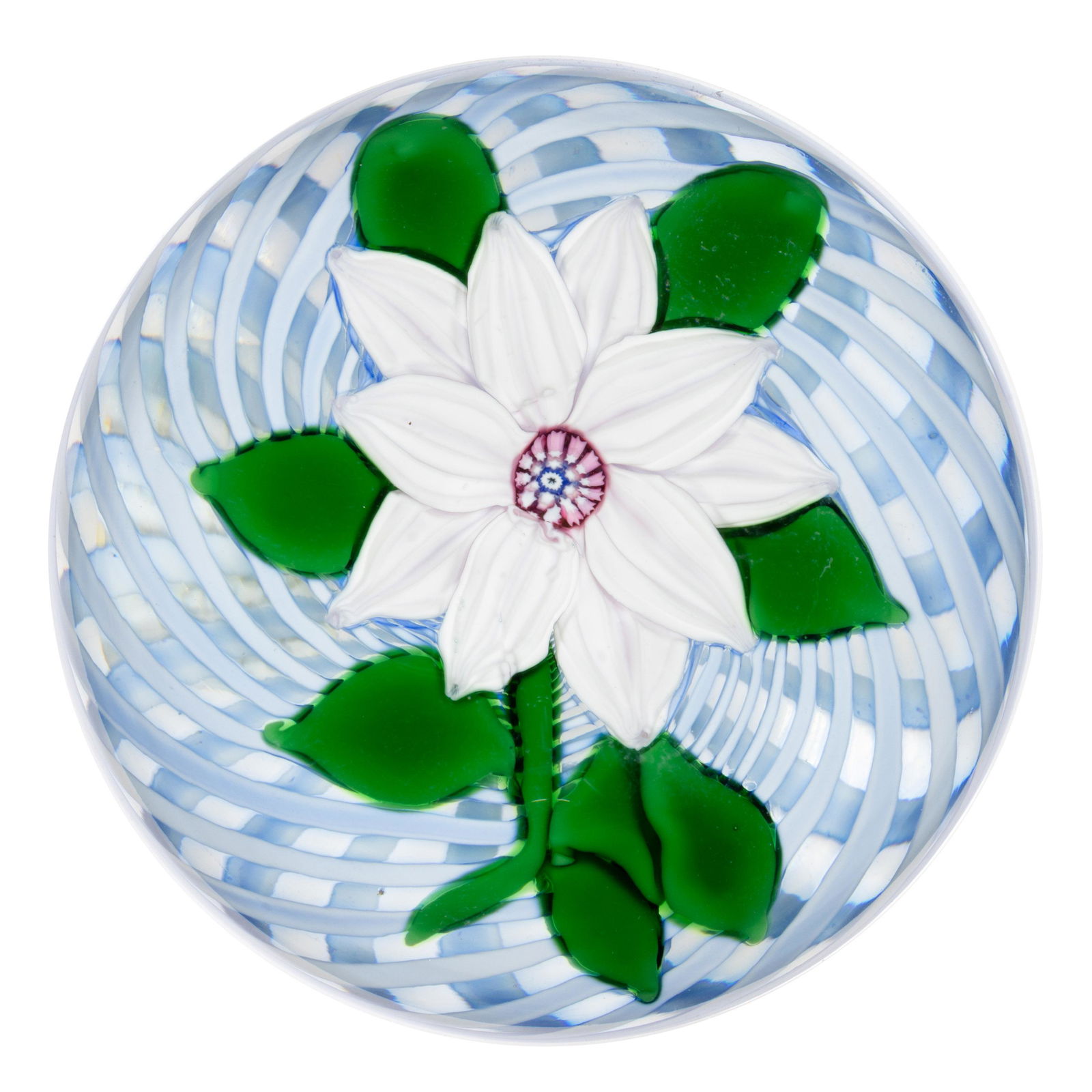JOHN DEACONS (SCOTTISH, B. 1950) DOUBLE CLEMATIS LAMPWORK STUDIO ART GLASS PAPERWEIGHT, white (1 of 2)