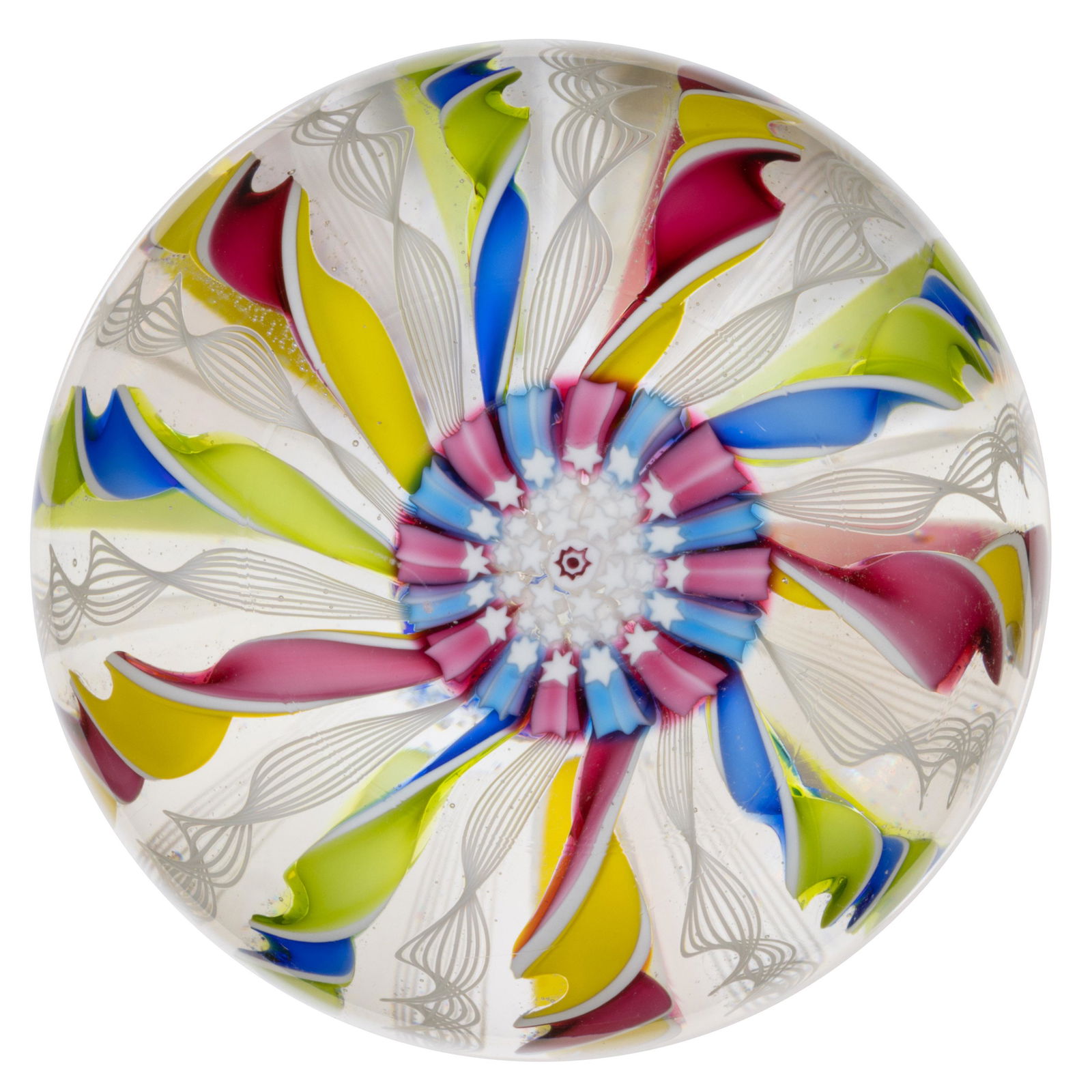 JOHN DEACONS (SCOTTISH, B. 1950) FOUR-COLOR CROWN STUDIO ART GLASS PAPERWEIGHT, central blue and (1 of 2)