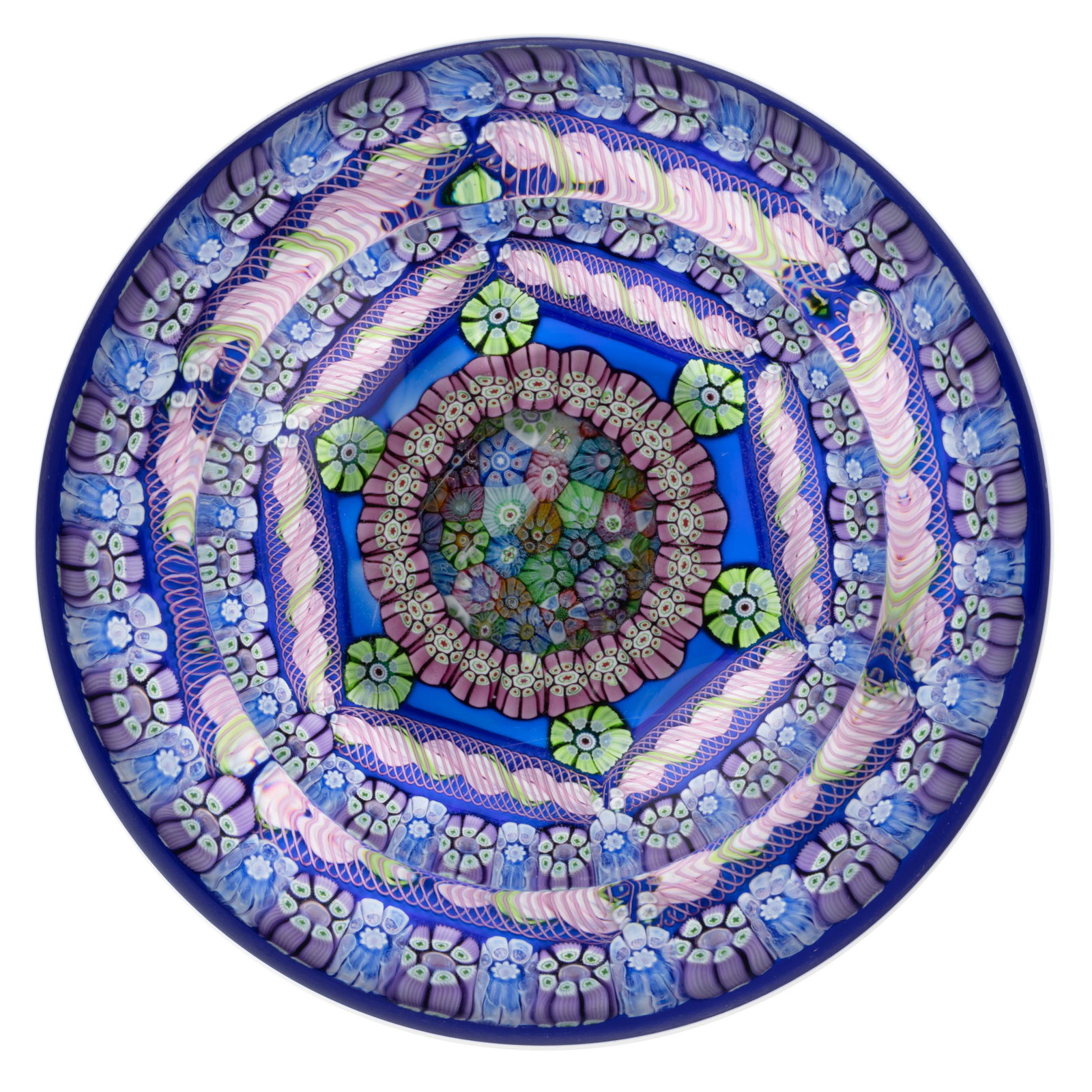 CONTEMPORARY PERTHSHIRE MILLEFIORI CUSHION PAPERWEIGHT, outer border of purple and blue : CONTEMPORARY PERTHSHIRE MILLEFIORI CUSHION PAPERWEIGHT, outer border of purple and blue millefiori canes enclosing hexagonal inner border of latticinio-encased twists having complex lime gre