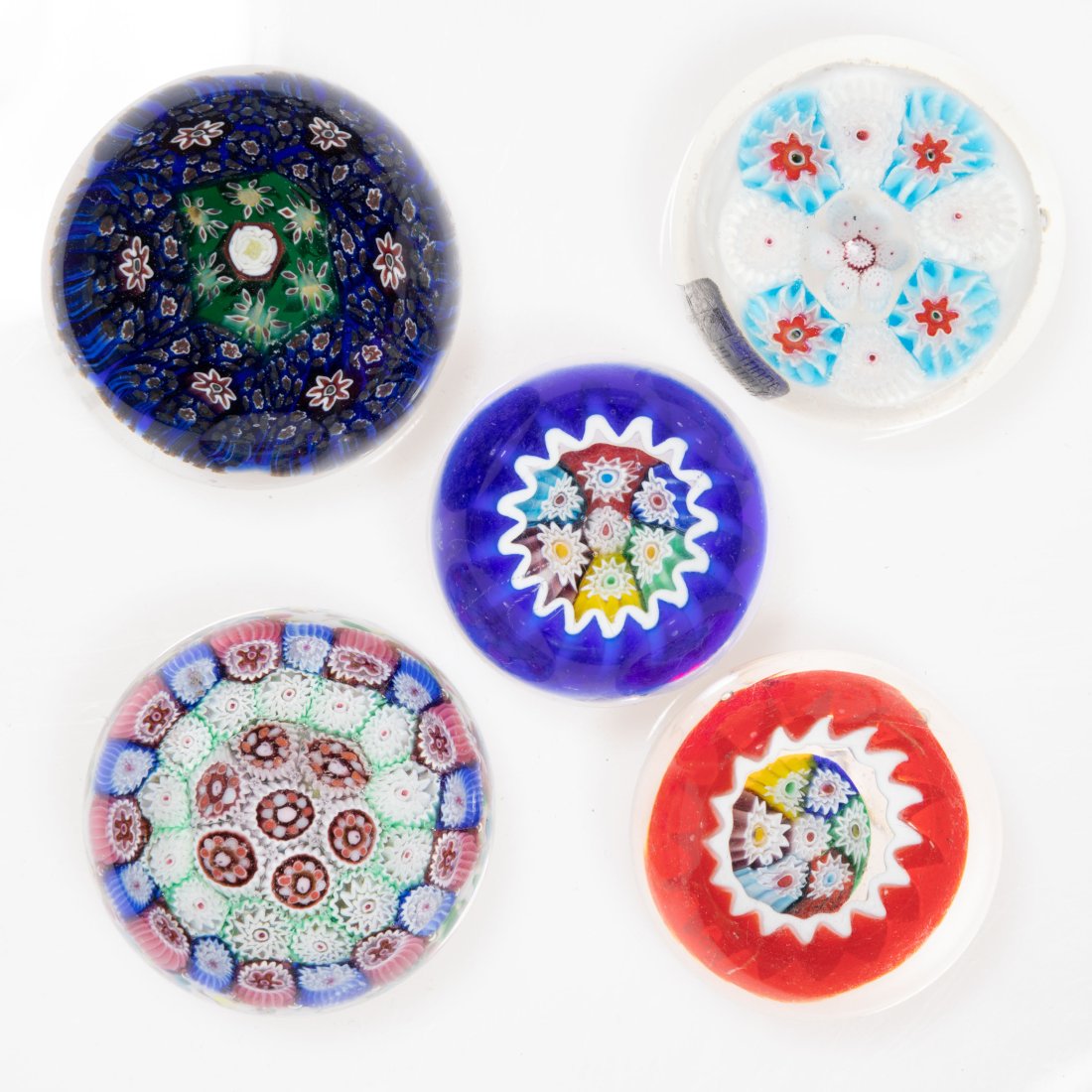 ASSORTED MURANO MILLEFIORI ART GLASS MINIATURE PAPERWEIGHTS, LOT OF FIVE, comprising two interior (1 of 1)
