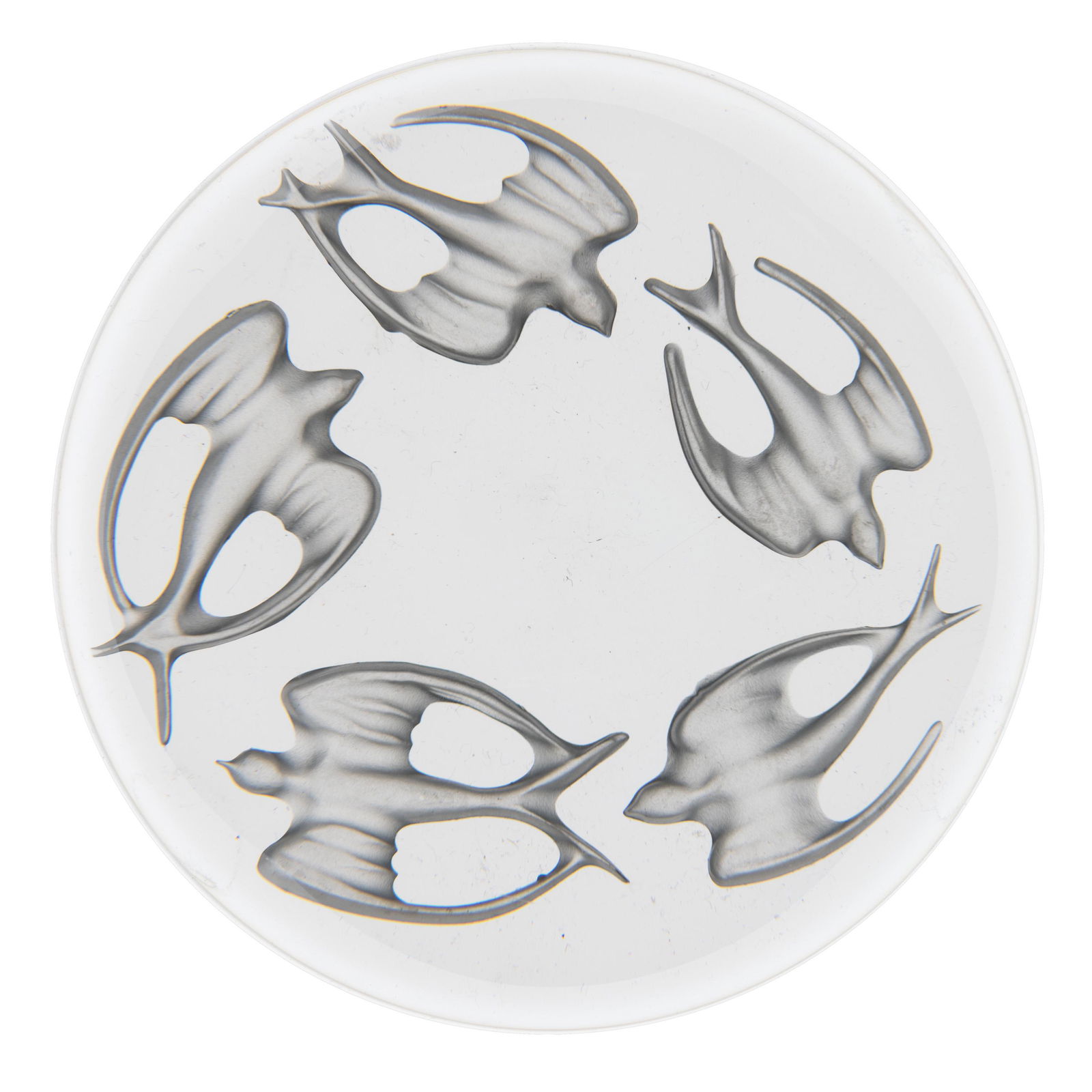 CRISTAL DOVES FROSTED ART GLASS PAPERWEIGHT, depicting five frosted doves flying in a circle, (1 of 2)