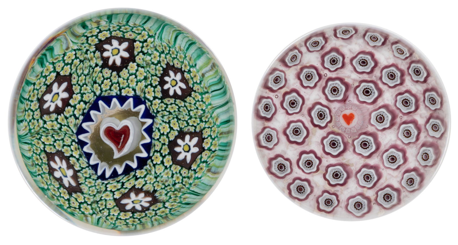 ASSORTED HEART-MOTIF MILLEFIORI ART GLASS MINIATURE PAPERWEIGHTS, LOT OF TWO, comprising a James (1 of 4)