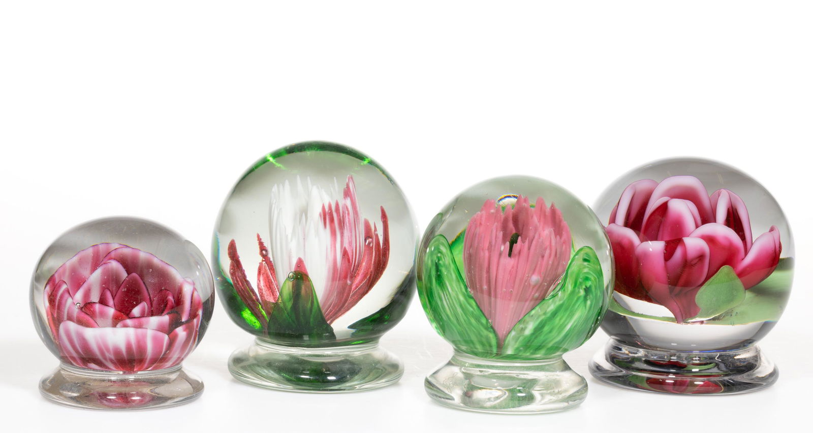 ASSORTED CRIMP FLOWERS ART GLASS PAPERWEIGHTS, LOT OF FOUR, comprising two Zimmerman crimp lilies (1 of 1)
