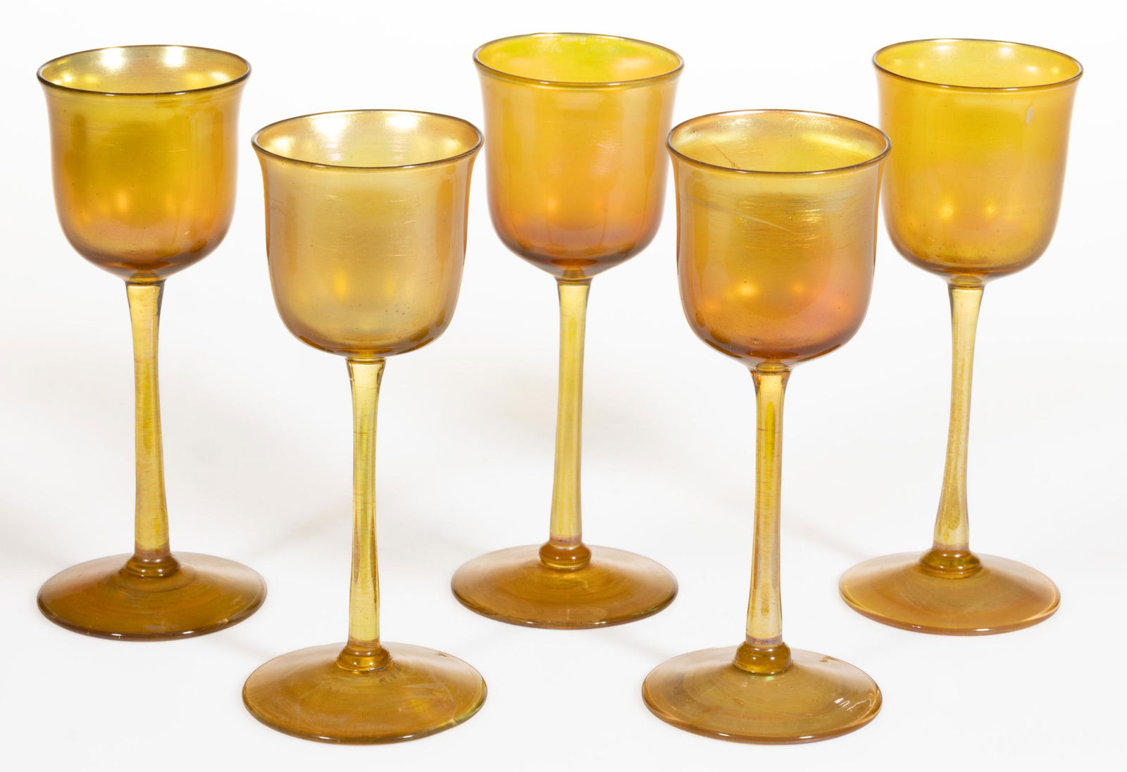 TIFFANY STUDIOS IRIDESCENT ART GLASS WINES, LOT OF FIVE, golden iridescent, each signed to the (1 of 1)