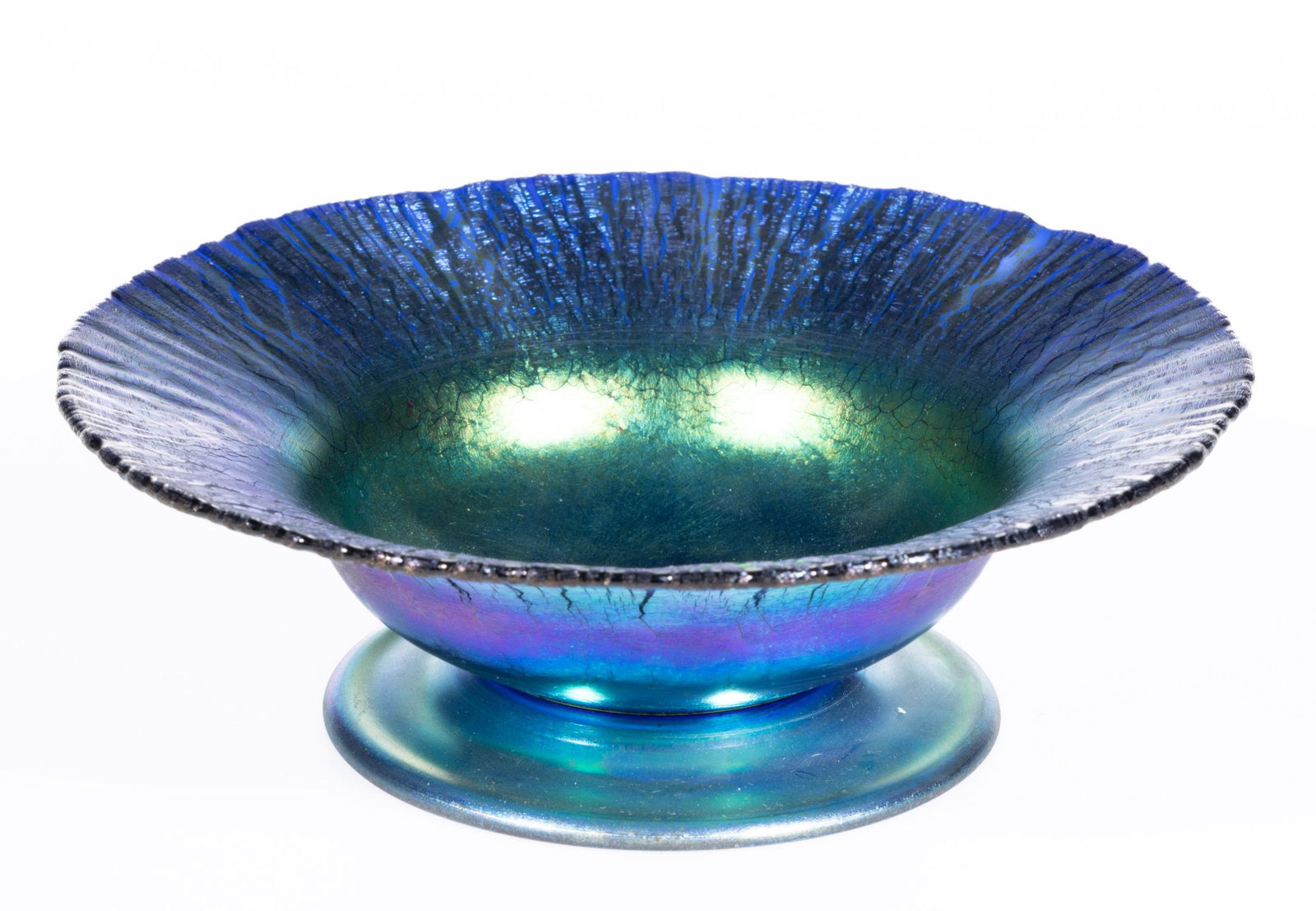 TIFFANY STUDIOS IRIDESCENT ART GLASS FOOTED DISH, blue iridescent, shallow bowl with applied (1 of 2)