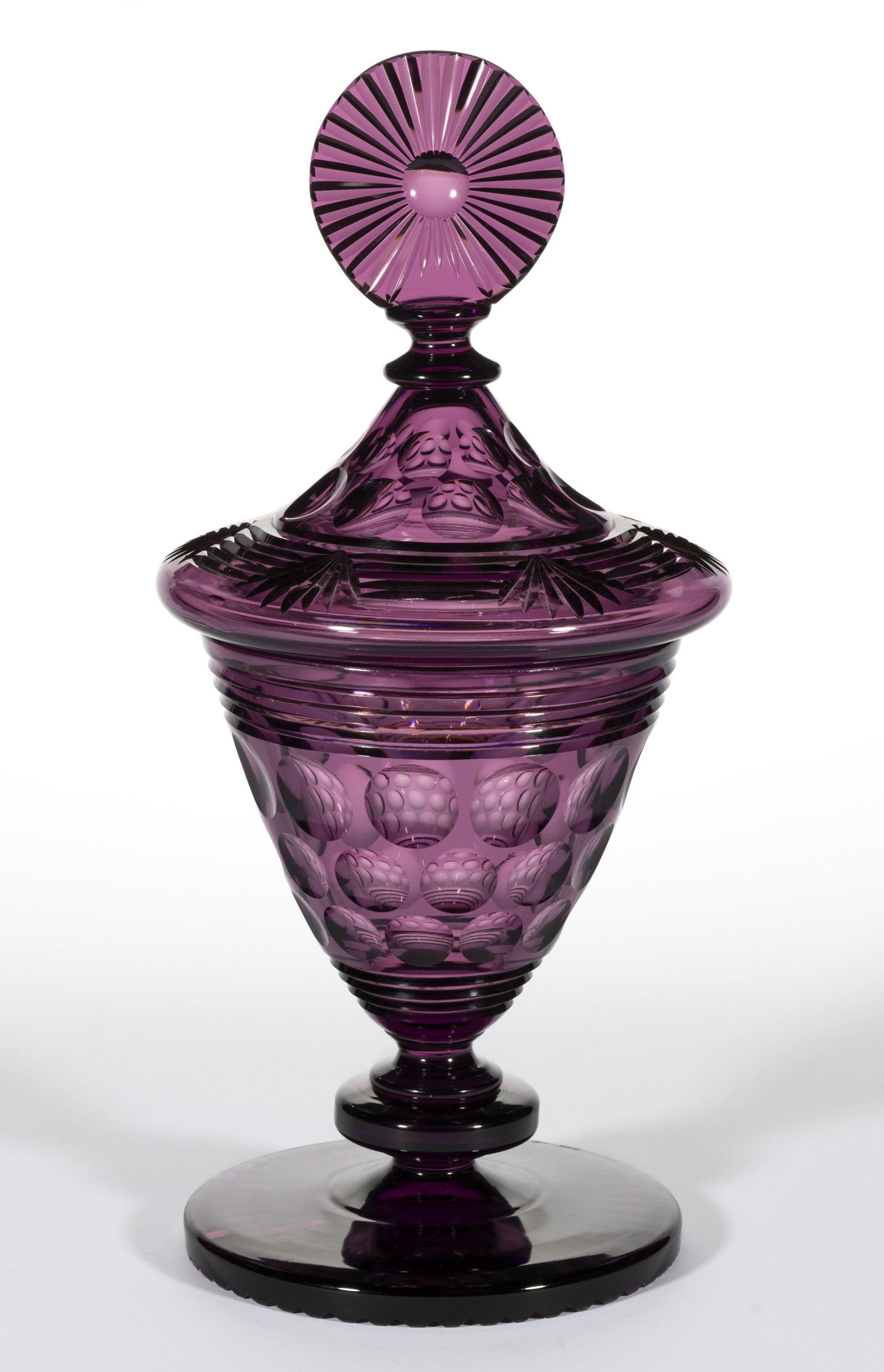 STEUBEN HEAVY CUT ART GLASS COVERED JAR, amethyst, conical base with cut horizontal bands (1 of 1)