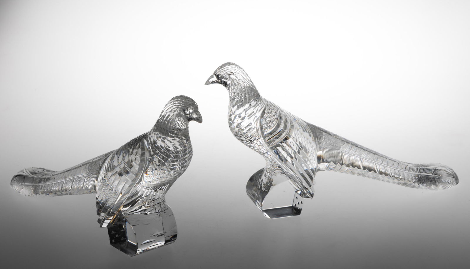 STEUBEN CUT ART GLASS PAIR OF PHEASANT FIGURINES, colorless, each signed to the underside " (1 of 3)