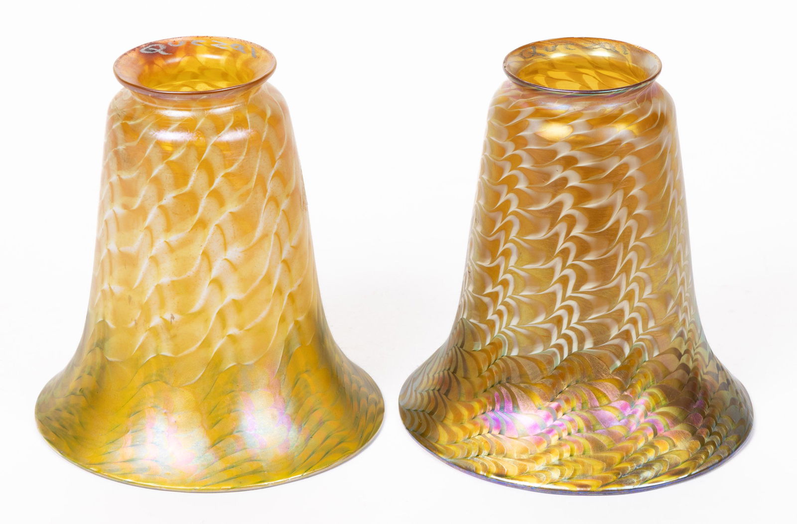 QUEZAL SNAKESKIN IRIDESCENT ART GLASS LAMP SHADES, LOT OF TWO, golden and green iridescent with (1 of 2)