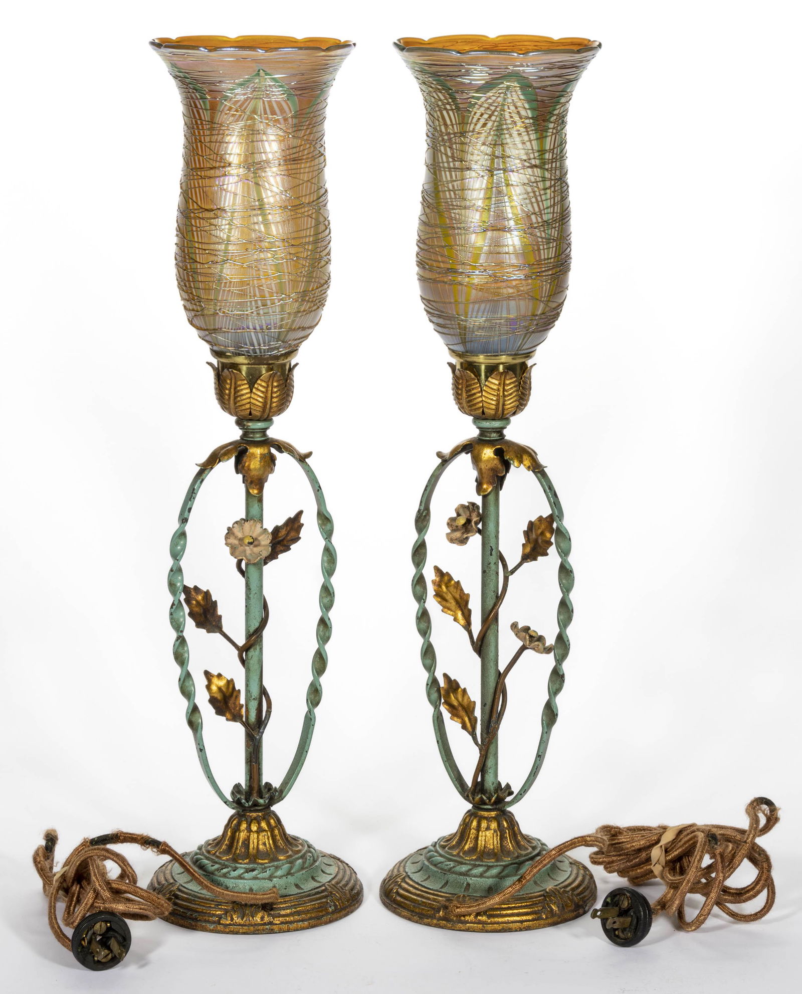 DURAND ATTRIBUTED PULLED FEATHER IRIDESCENT ART GLASS PAIR OF ELECTRIC LAMPS, matching golden and (1 of 1)
