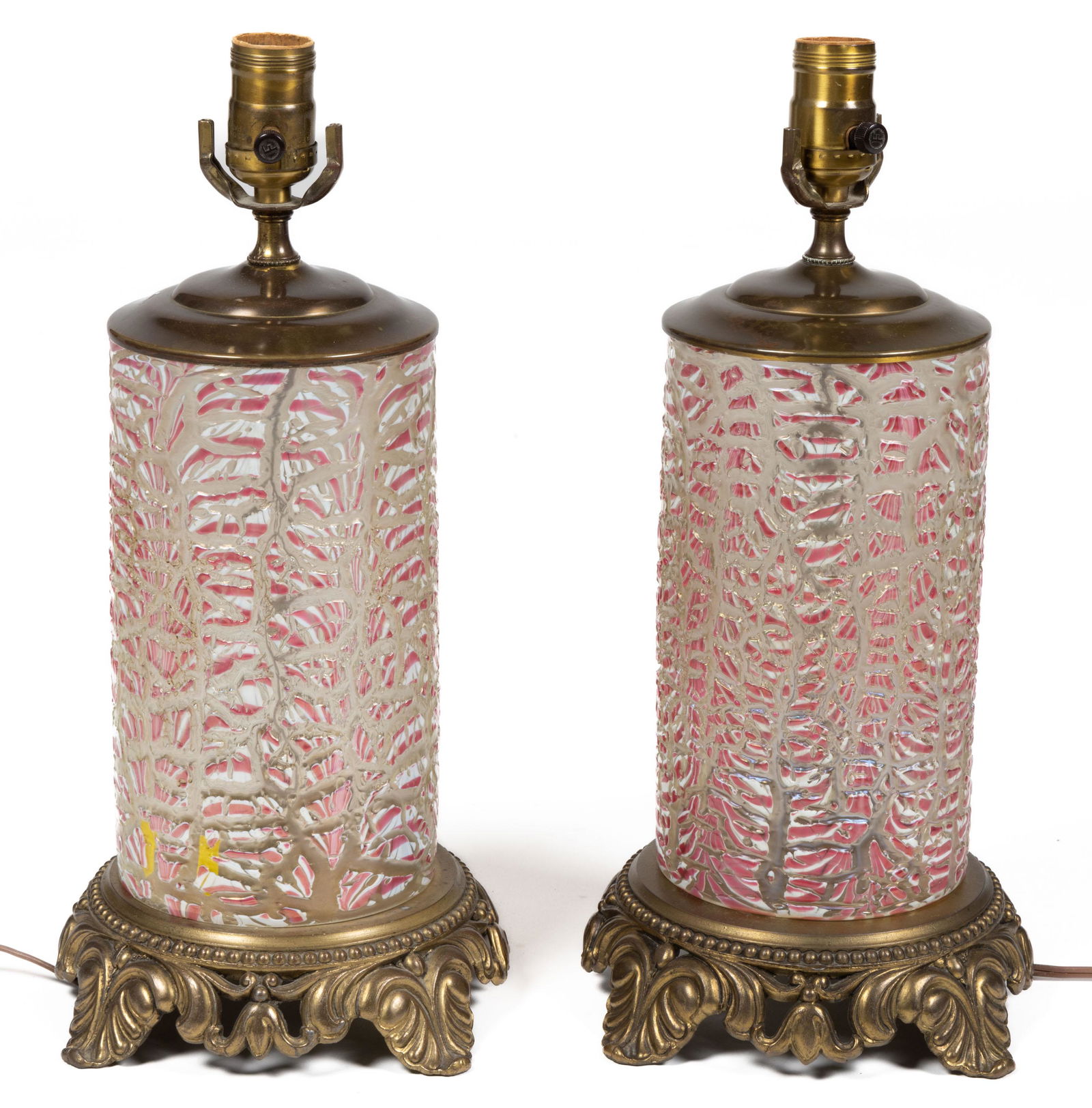 DURAND ATTRIBUTED MOORISH CRACKLE ART GLASS PAIR OF TABLE LAMPS, colorless with rose and opal (1 of 3)