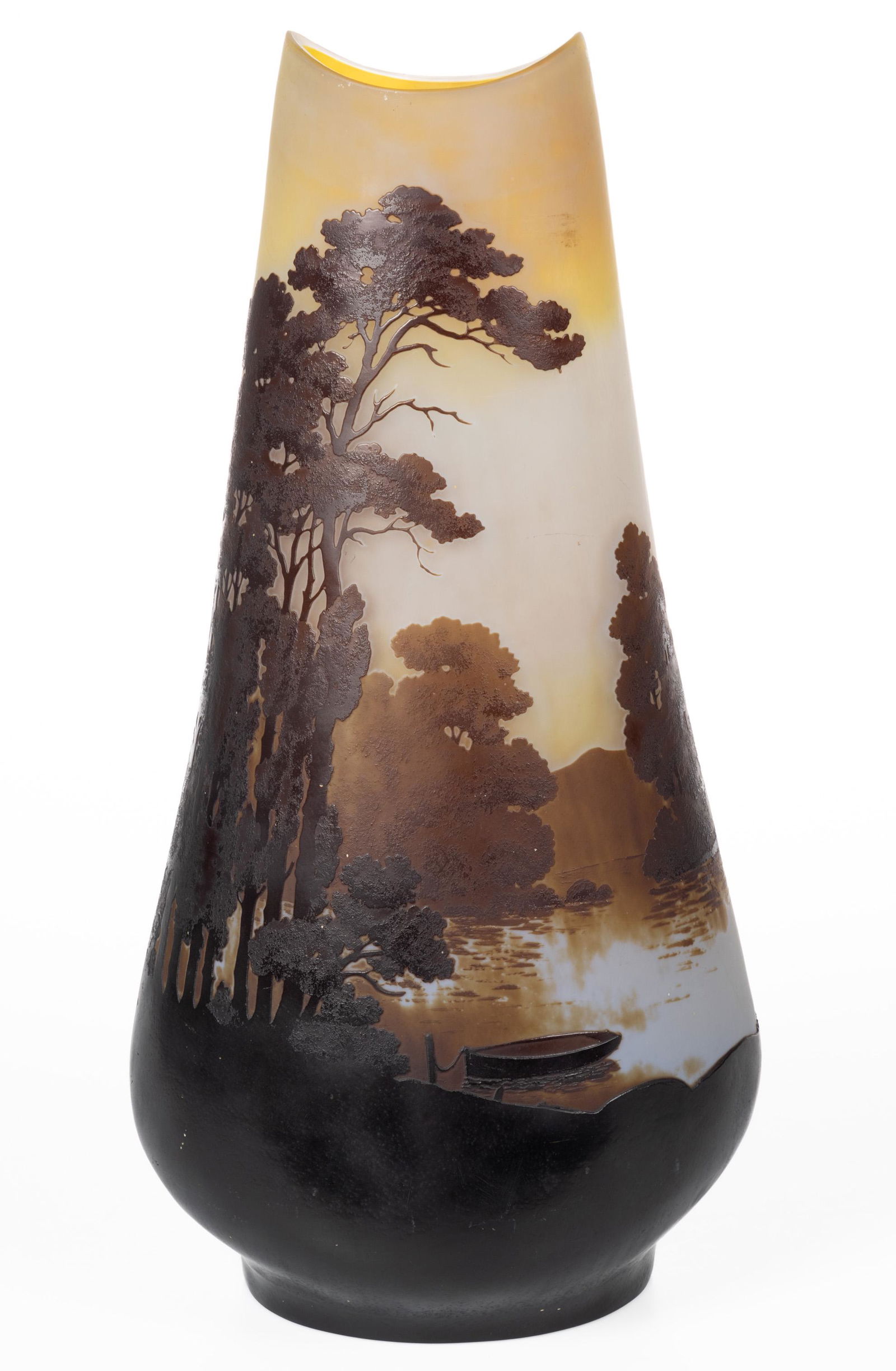 FRENCH LAKE SCENE CAMEO ART GLASS LARGE VASE, shades of brown to shaded yellow/orange and frosted (1 of 5)