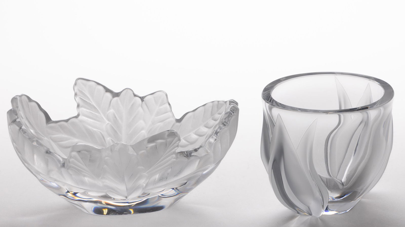 LALIQUE ART GLASS ARTICLES, LOT OF TWO, frosted colorless, comprising a Deux Tulipes vase and (1 of 1)