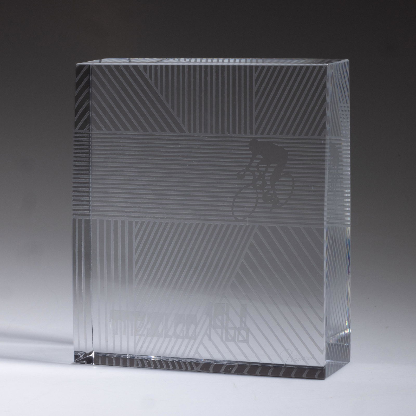 BACCARAT 1968 BICYCLING OLYMPICS ETCHED ART GLASS SCULPTURE, square-form with the backside being (1 of 1)
