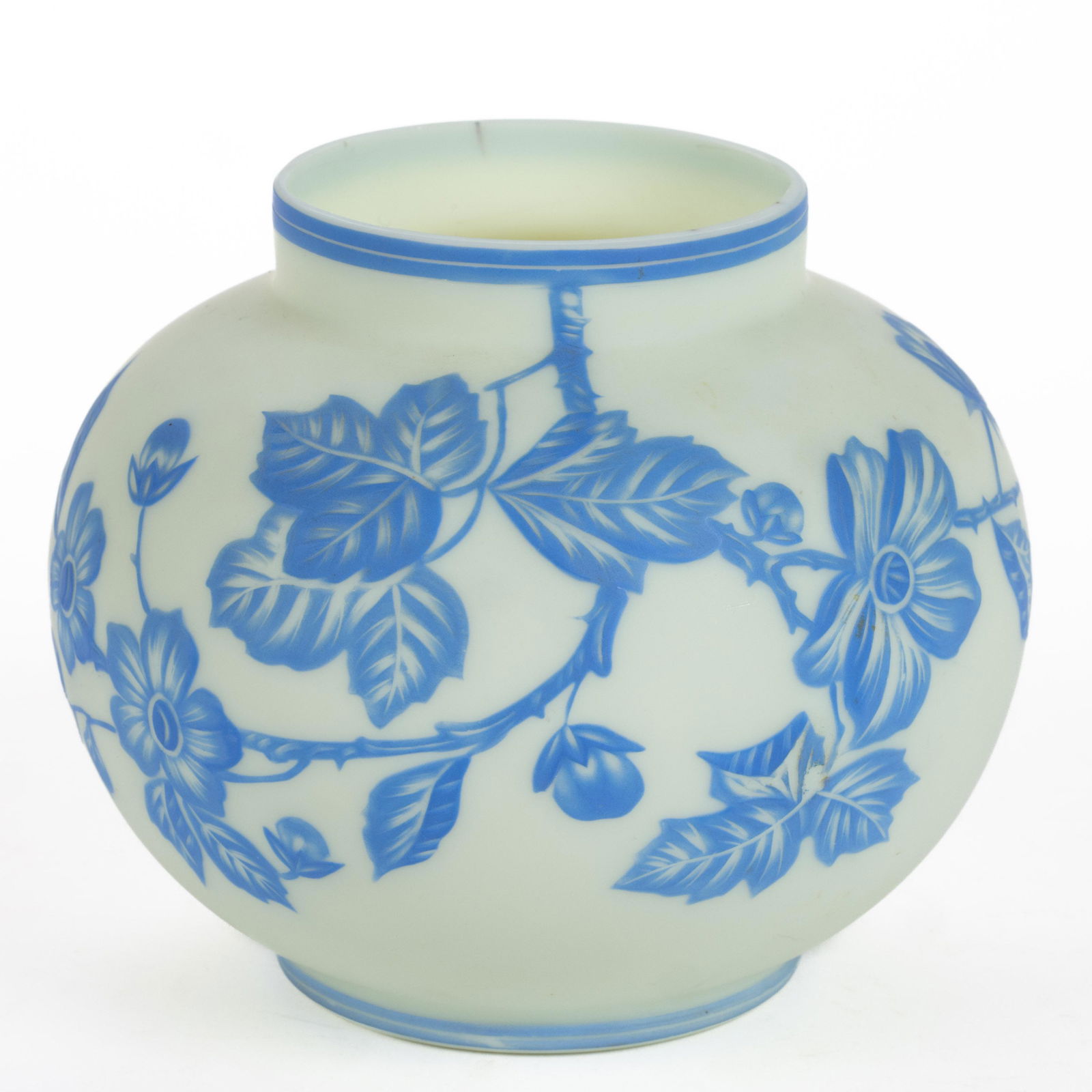 ENGLISH CAMEO FLORAL ART GLASS VASE, blue to custard, globular form featuring flowering branches,: ENGLISH CAMEO FLORAL ART GLASS VASE, blue to custard, globular form featuring flowering branches, plain base. Thomas Webb & Sons or Stevens and Williams. Fourth quarter 19th century. 4 3