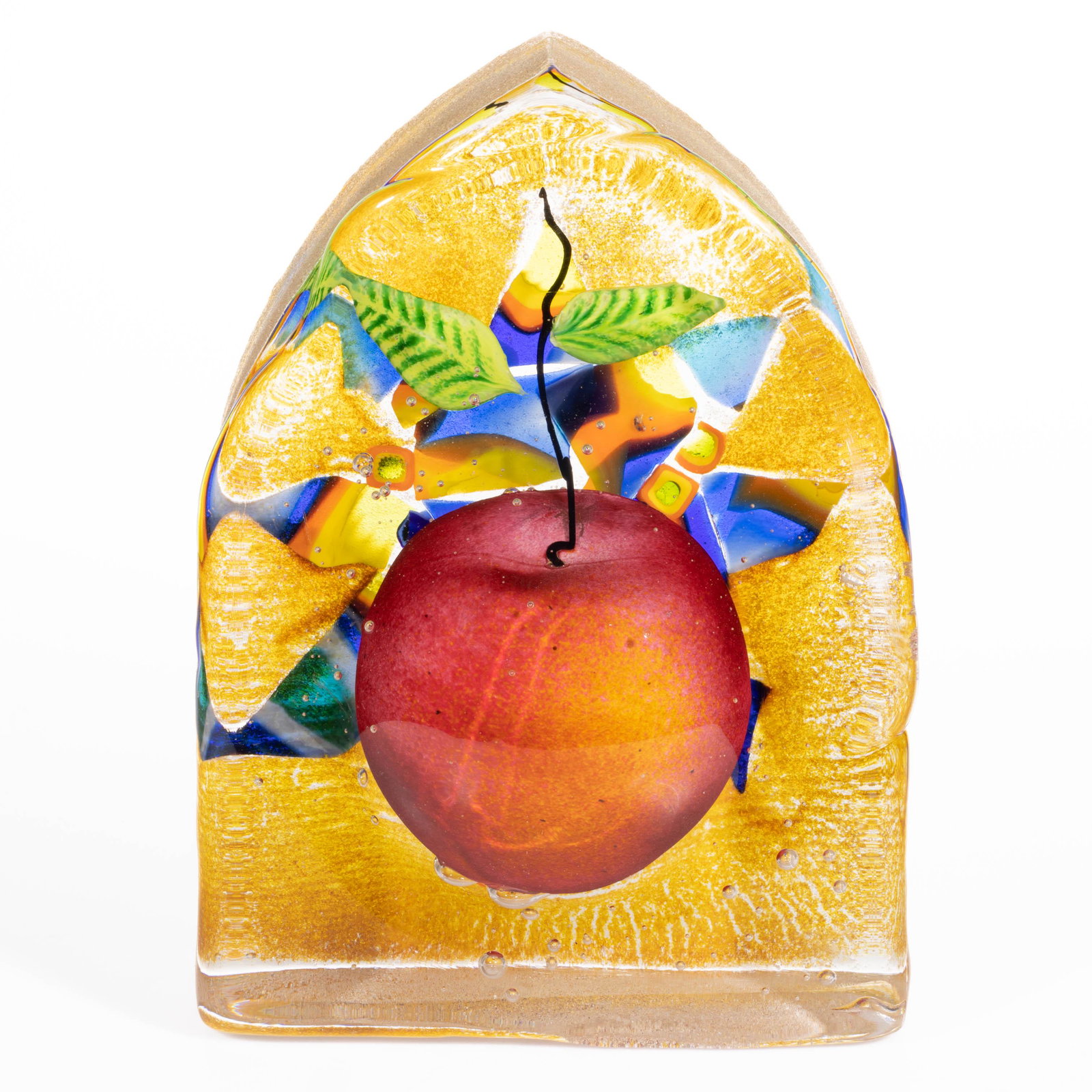 STEPHANIE TRENCHARD ENCASED APPLE STUDIO ART GLASS SCULPTURE, colorless, arch form with a large: STEPHANIE TRENCHARD ENCASED APPLE STUDIO ART GLASS SCULPTURE, colorless, arch form with a large central apple and two leaves, roughed brown ground with a polychrome millefiori eight-point star, signed