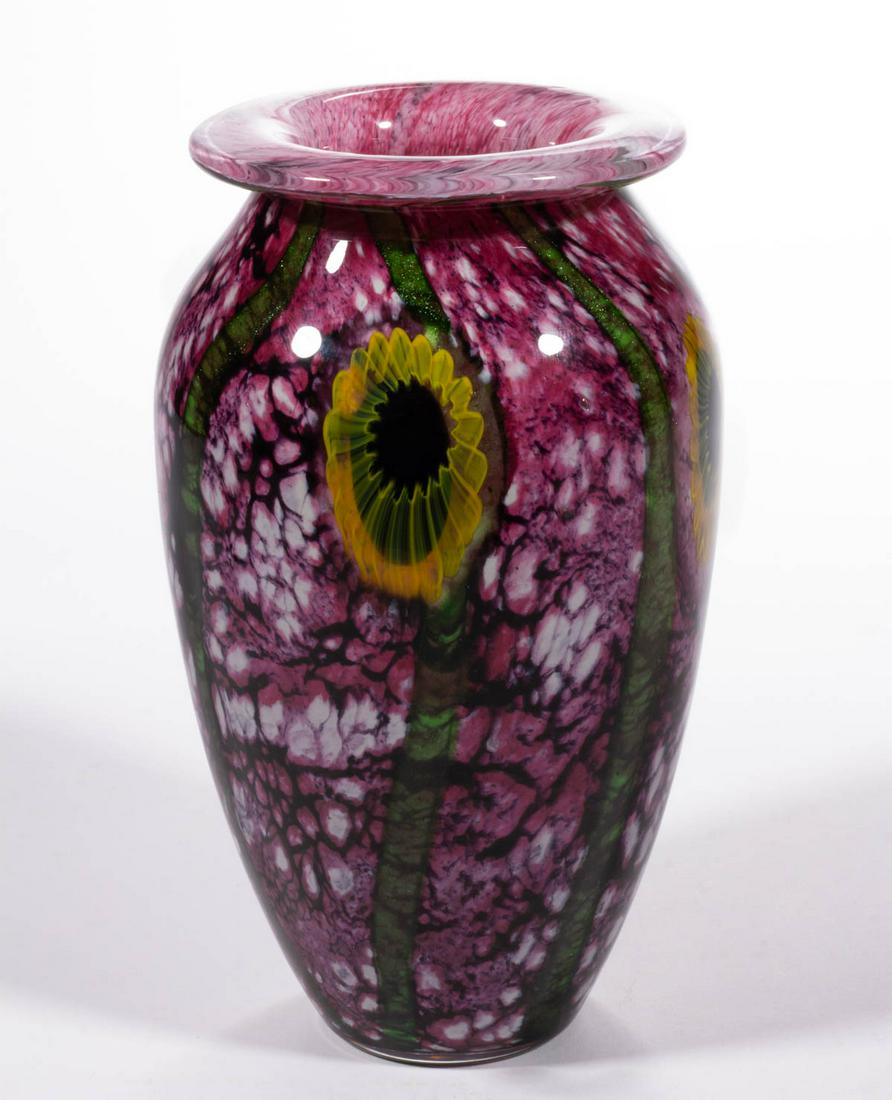 EICKHOLT IRIDESCENT FLORAL STUDIO ART GLASS PAPERWEIGHT VASE, mottled pink and opal ground (1 of 3)