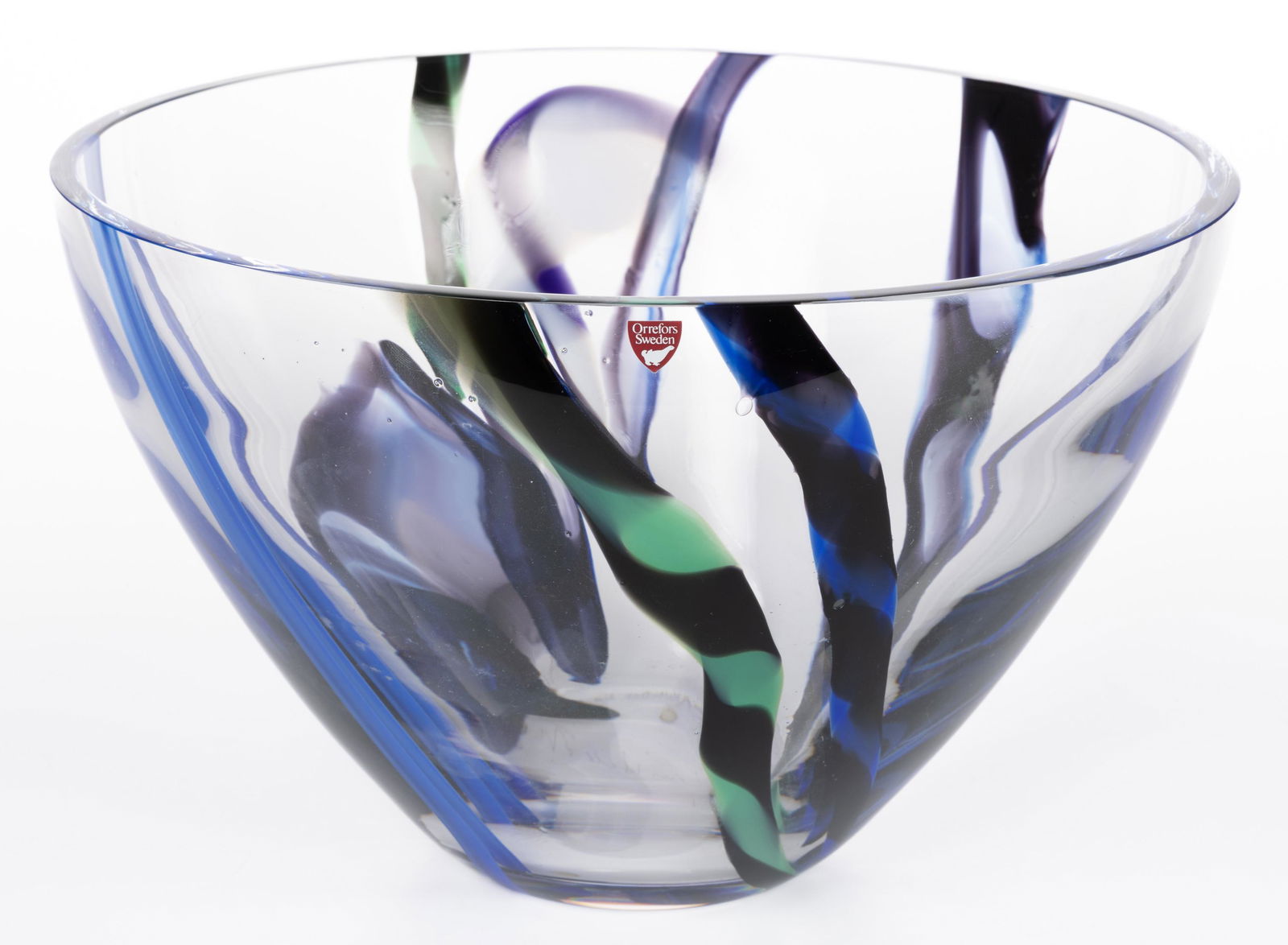 LARS HELLSTEN (SWEDISH, B. 1933) ORREFORS STUDIO ART GLASS LARGE BOWL, large colorless bowl with: LARS HELLSTEN (SWEDISH, B. 1933) ORREFORS STUDIO ART GLASS LARGE BOWL, large colorless bowl with multi-colored striped design, signed to the underside "Lars Hellsten/ER 1-95", retains manufa
