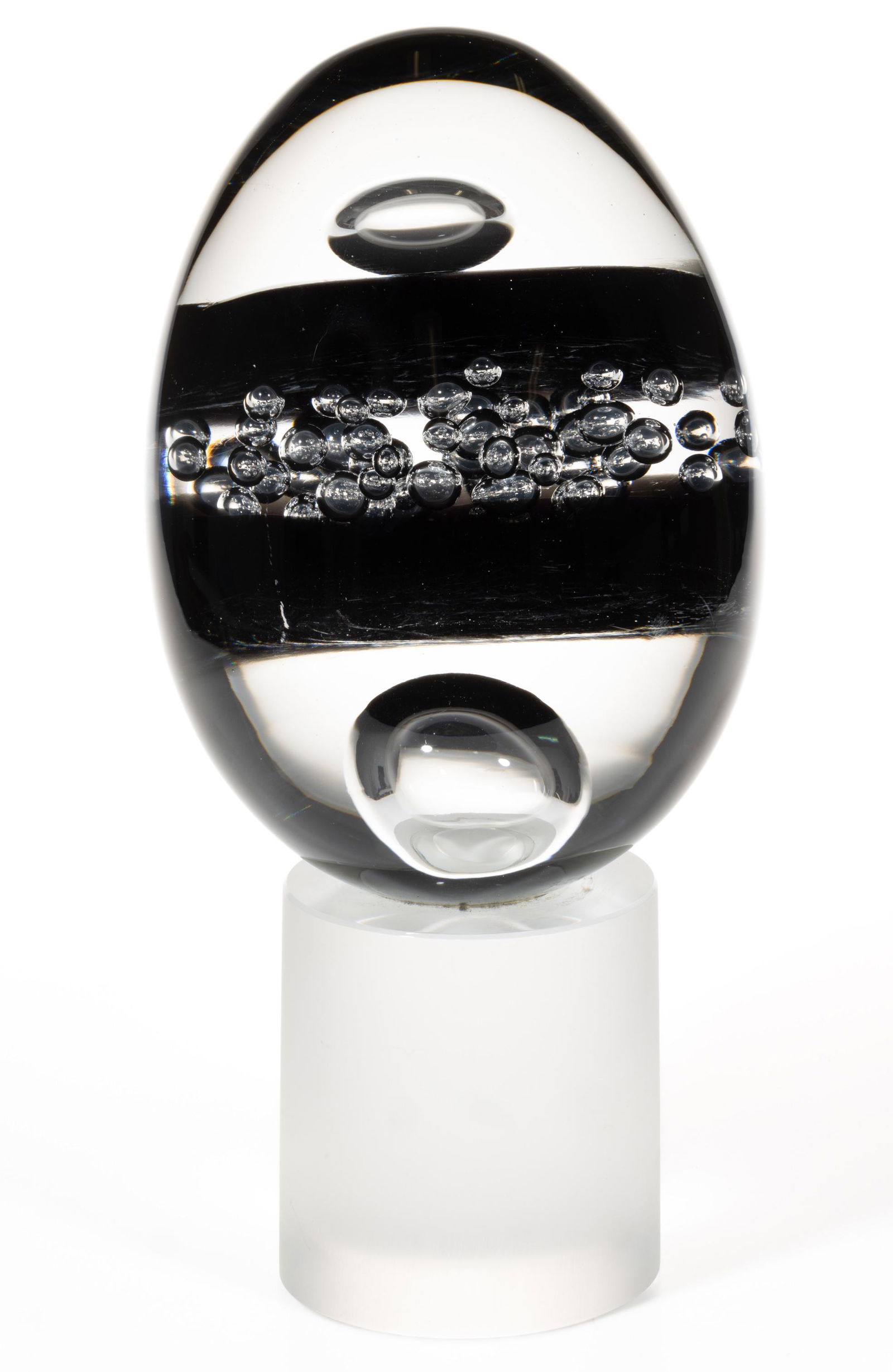 SEGUSO MURANO ABSTRACT ART GLASS SCULPTURE, large colorless and black egg with two large (1 of 1)
