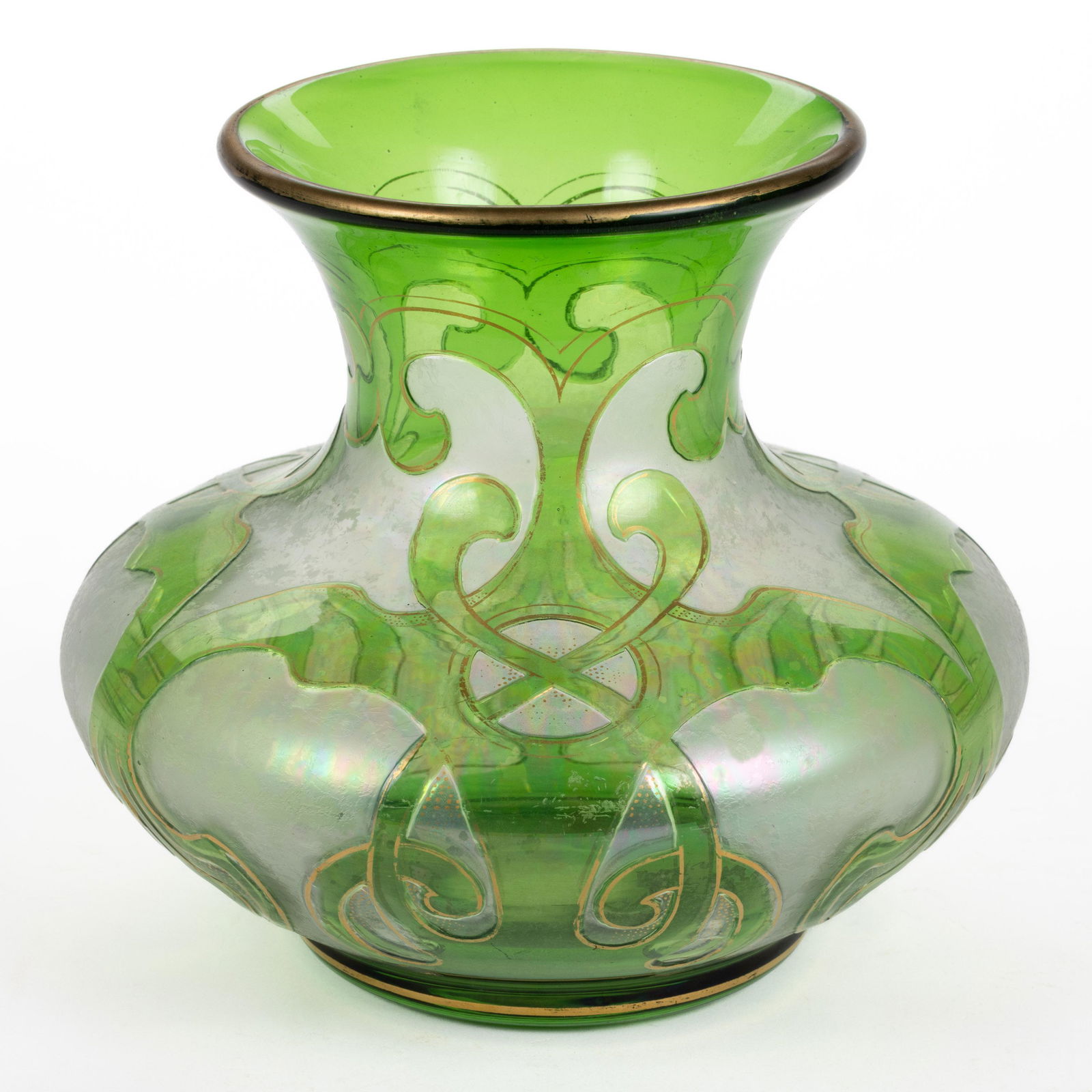 DORFLINGER HONESDALE CAMEO ART GLASS VASE, green to frosted colorless with gilt decoration and: DORFLINGER HONESDALE CAMEO ART GLASS VASE, green to frosted colorless with gilt decoration and light interior iridescence, squat form, complex scrolling decoration, polished pontil mark, signed "