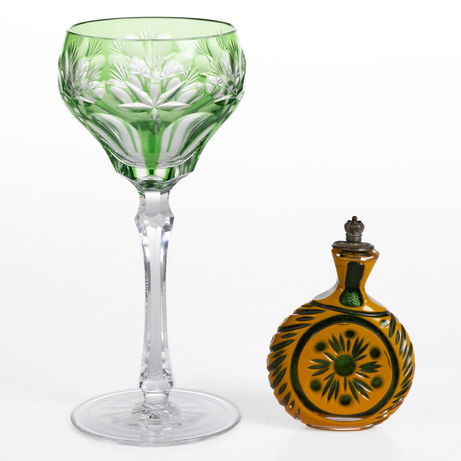 ASSORTED CUT GLASS ARTICLES, LOT OF TWO, comprising a green to colorless cut-overlay goblet with (1 of 1)