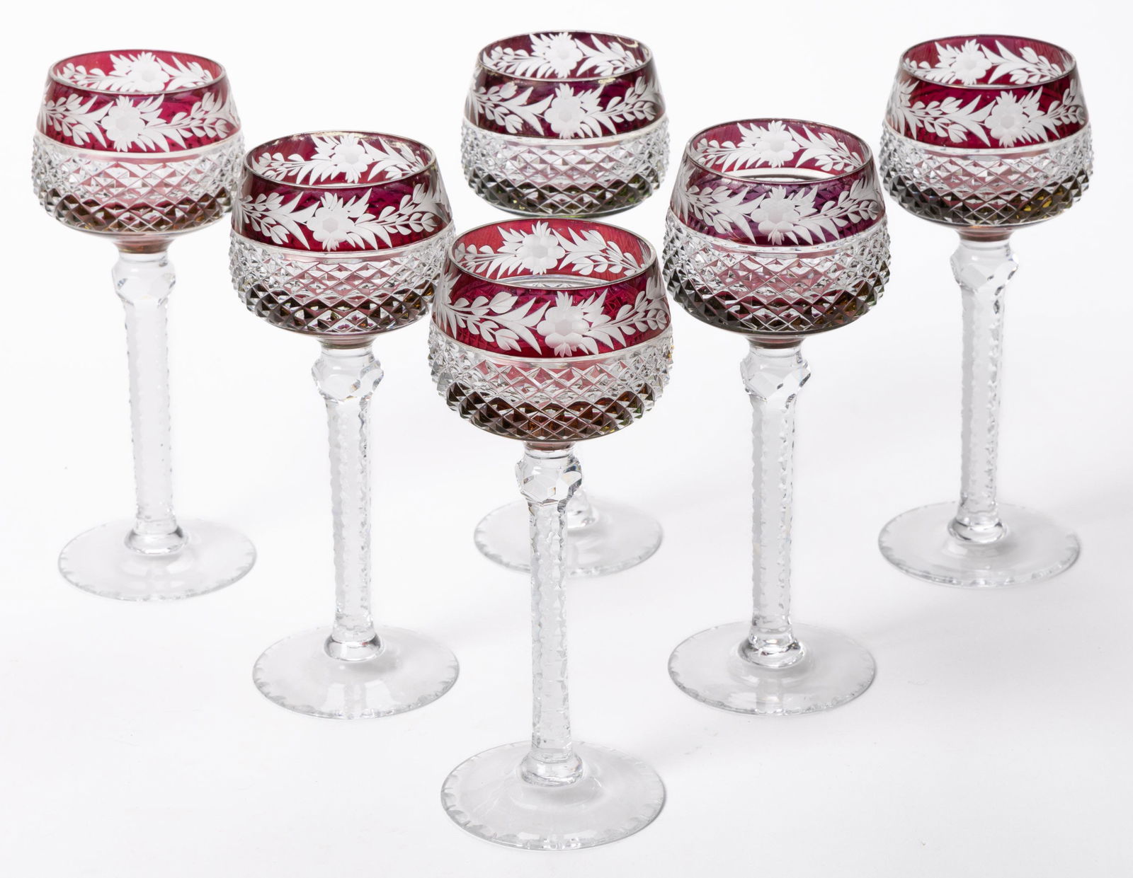 CUT CRYSTAL AND STAINED GLASS GOBLETS, LOT OF SIX, each having a cranberry stained top rim with (1 of 1)