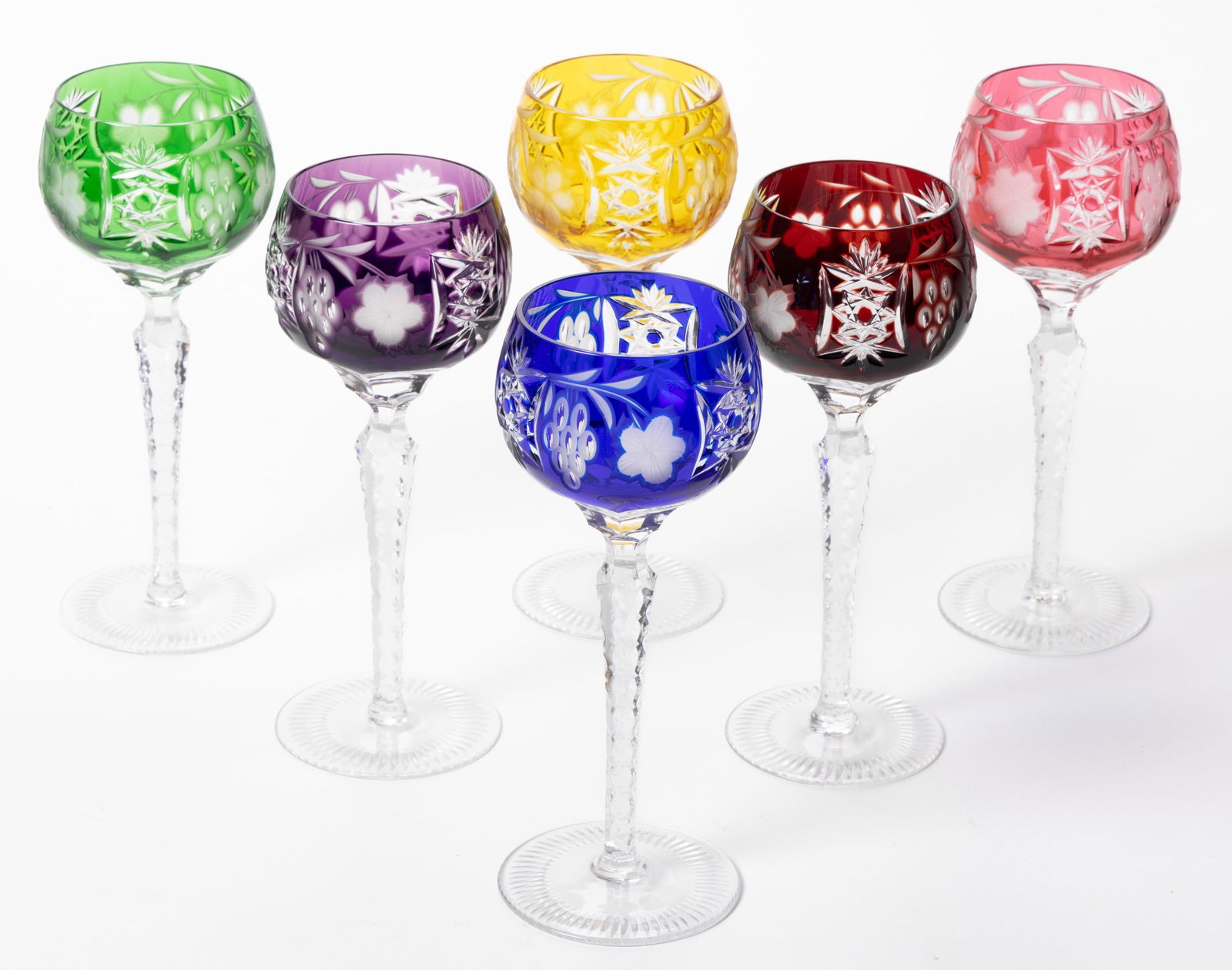 CUT-OVERLAY CRYSTAL GLASS GOBLETS, LOT OF SIX, various colors to colorless, each having a cut (1 of 1)