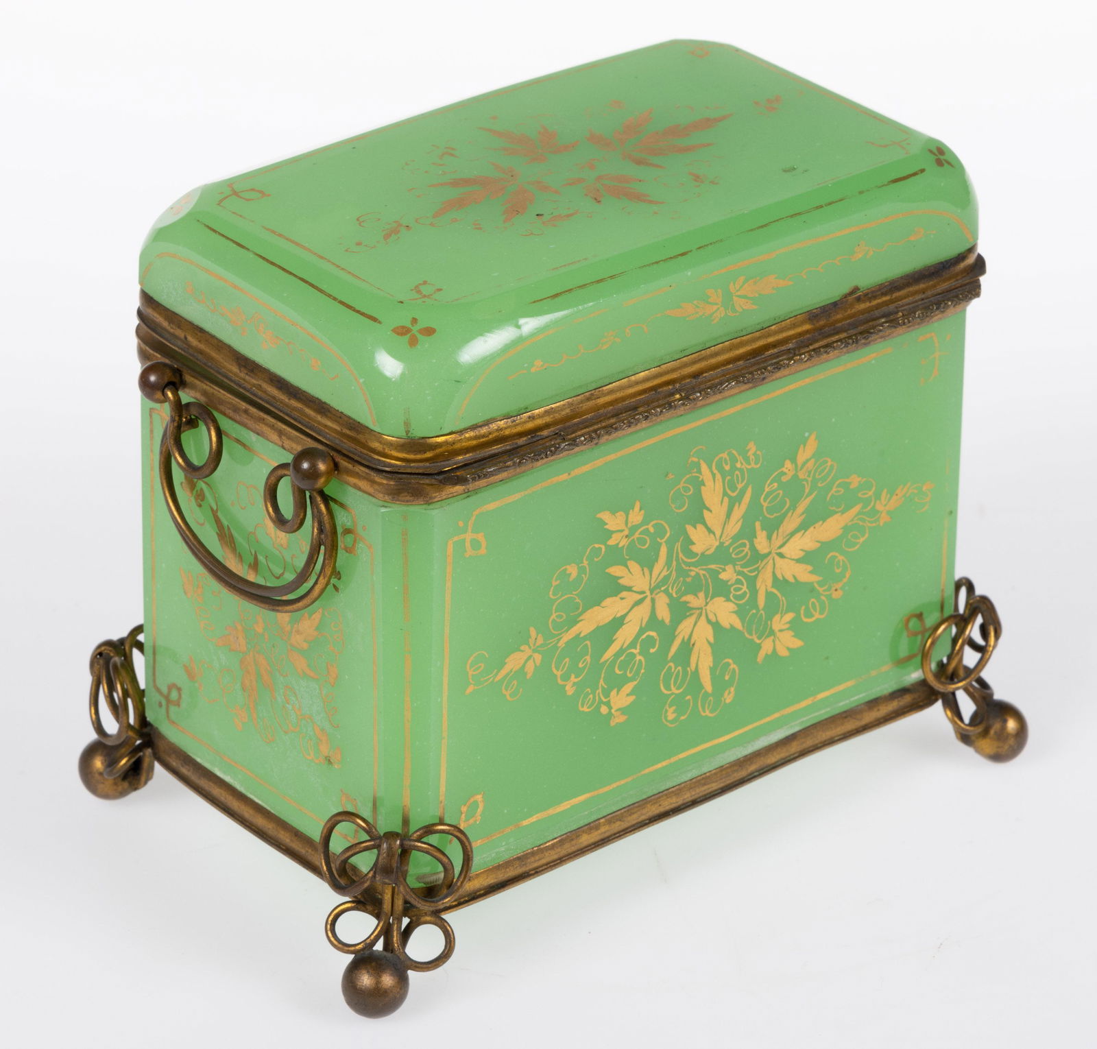 EUROPEAN OPALINE JADE AND GILT DECORATION DRESSER BOX, jade opaline with gilt decoration, (1 of 3)