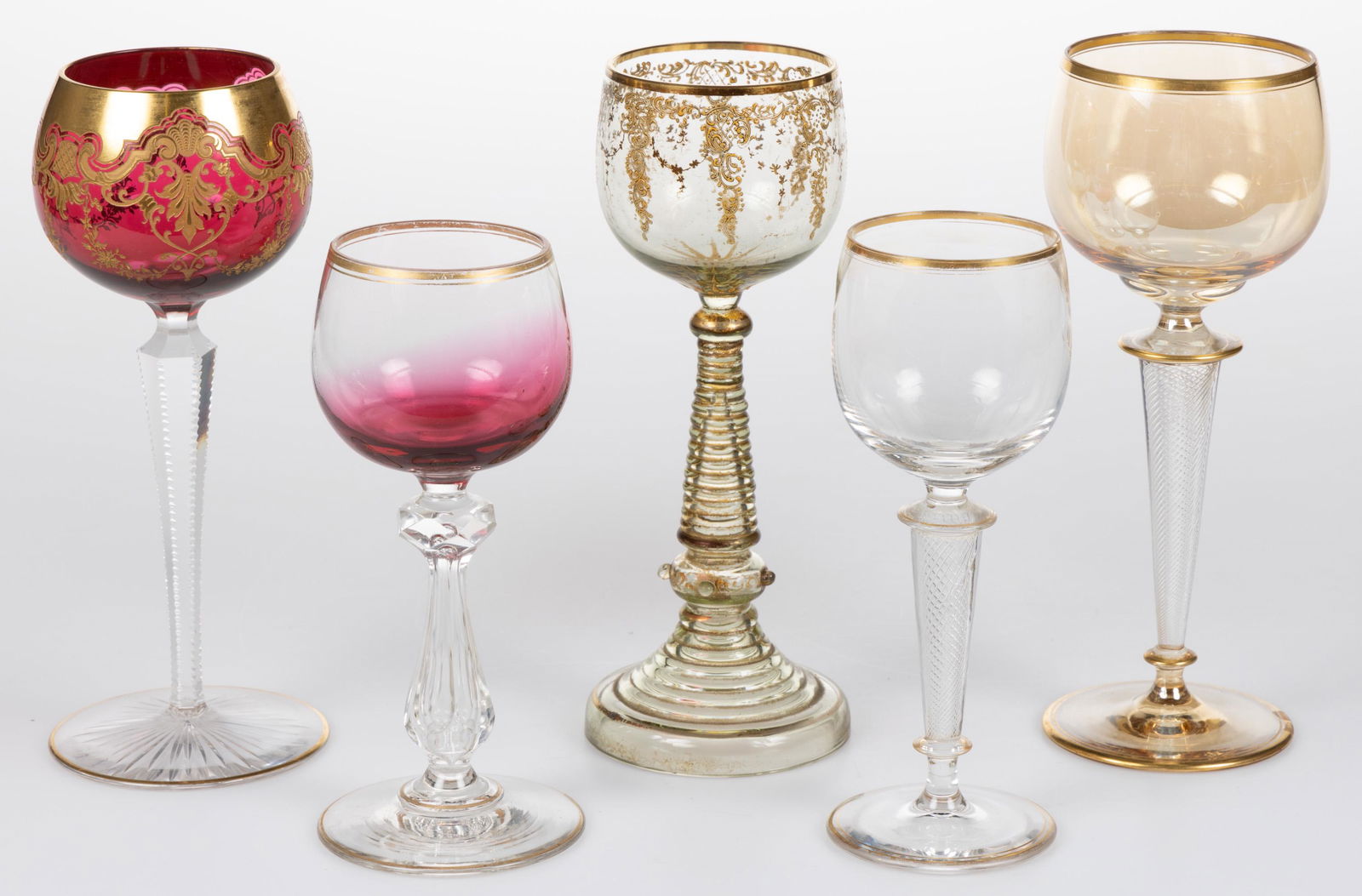 ASSORTED BOHEMIAN GLASS WINES, LOT OF FIVE, colorless, amber, and cranberry, including two (1 of 1)