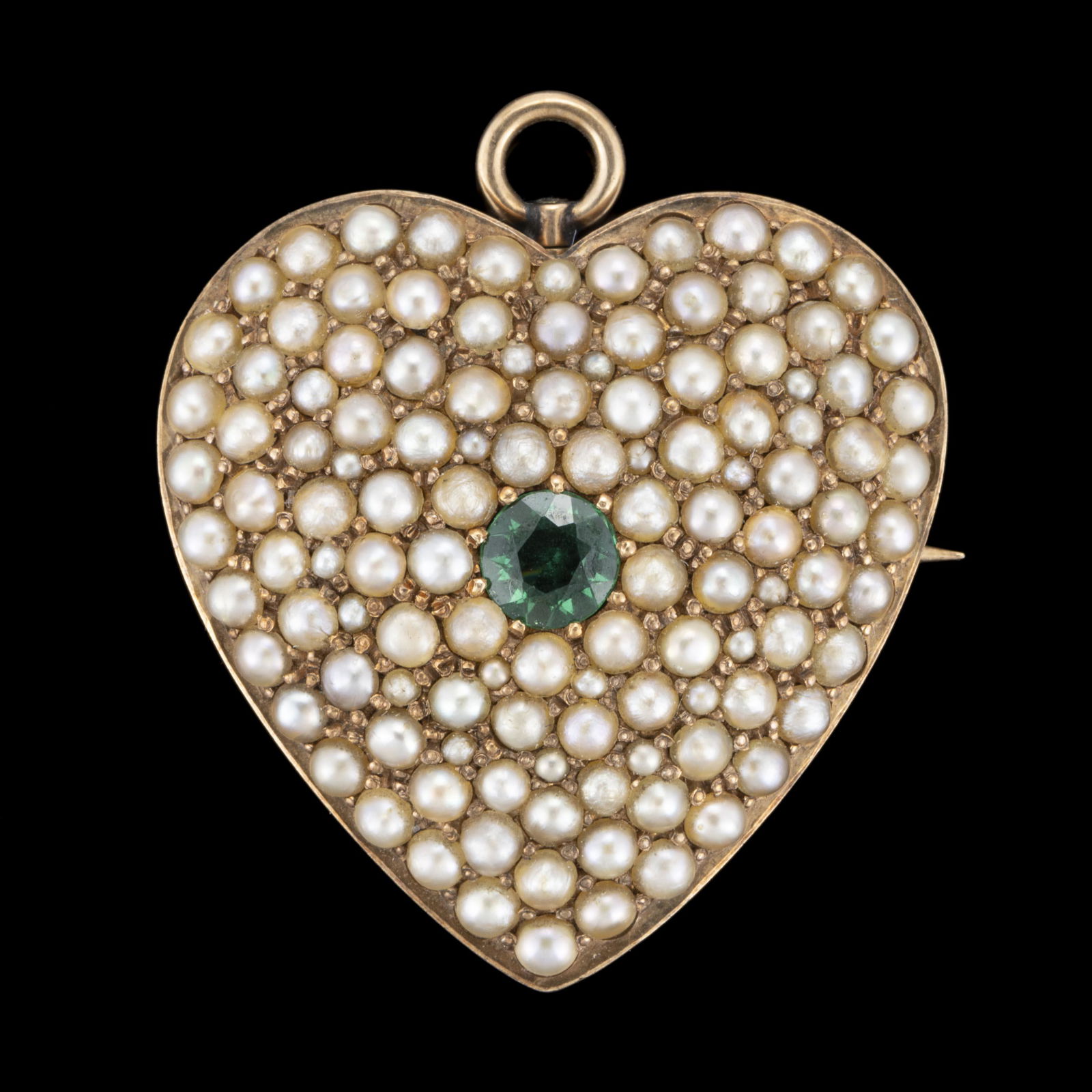 ANTIQUE / VINTAGE 14K YELLOW GOLD, EMERALD, AND PEARL HEART-FORM WATCH LAPEL HOOK BROOCH / (1 of 1)