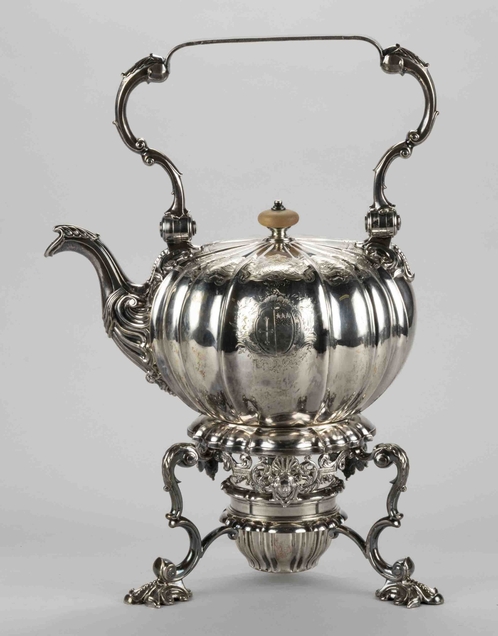 GEORGE II BRITISH ARMORIAL STERLING SILVER HOT WATER / TEA KETTLE WITH STAND AND BURNER, late (1 of 6)