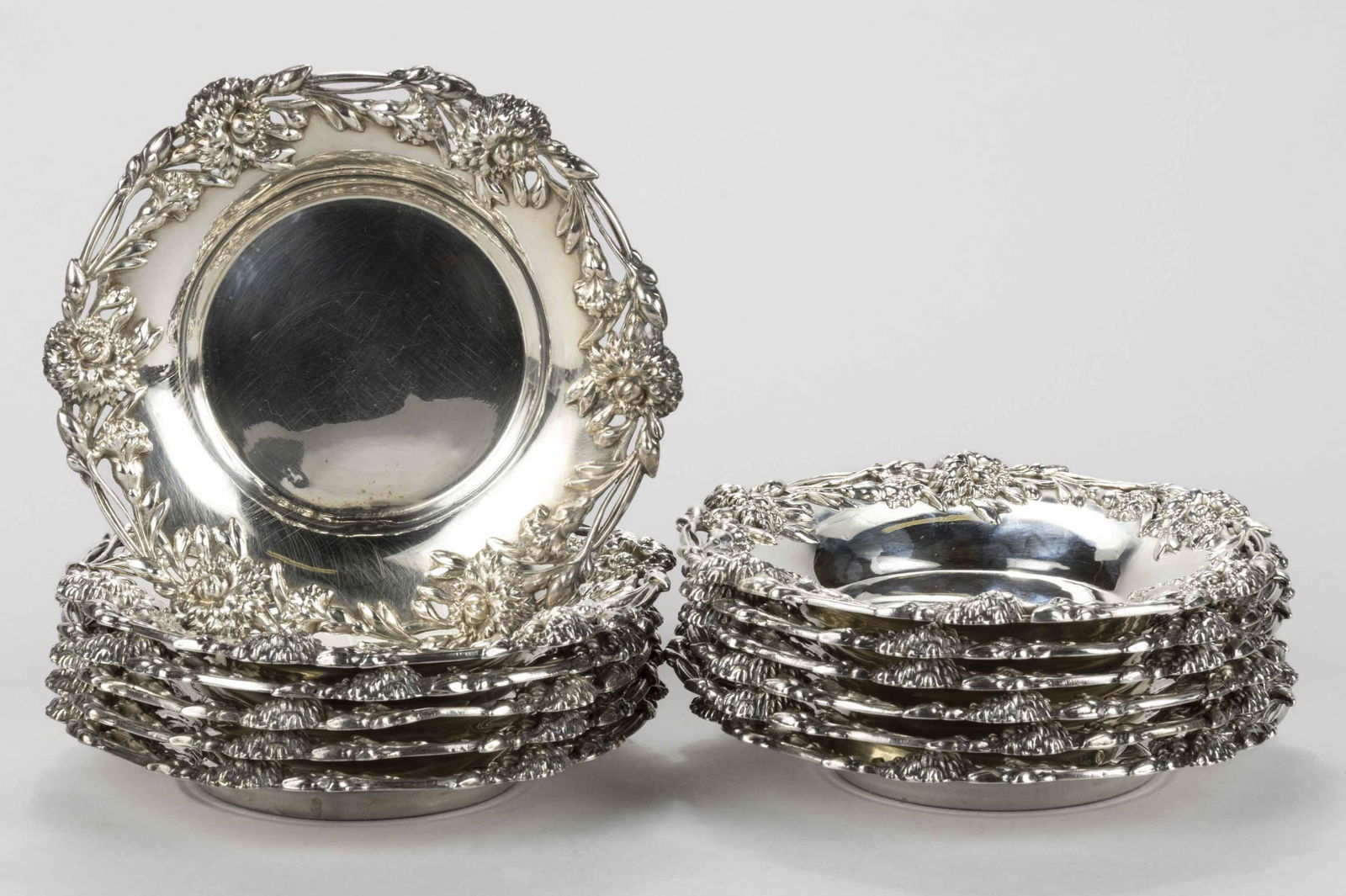 FERDINAND FUCHS & BROS. STERLING SILVER 12-PIECE DISH SET, each with round-form well having (1 of 2)