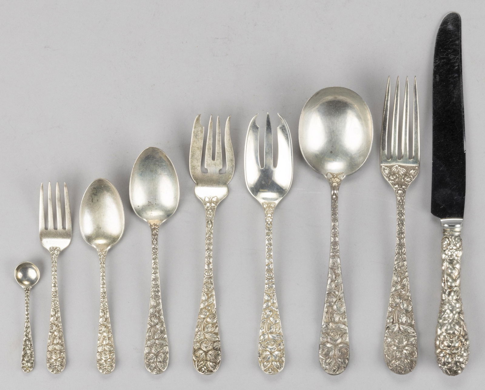 SCHOFIELD "BALTIMORE ROSE" STERLING SILVER 50-PIECE FLATWARE SET, pattern design in 1905, (1 of 2)