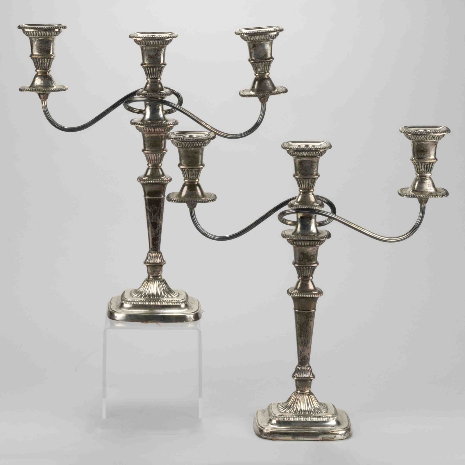 ENGLISH NEOCLASSICAL-STYLE WEIGHTED STERLING SILVER CANDELABRA PAIR, each having (1 of 2)