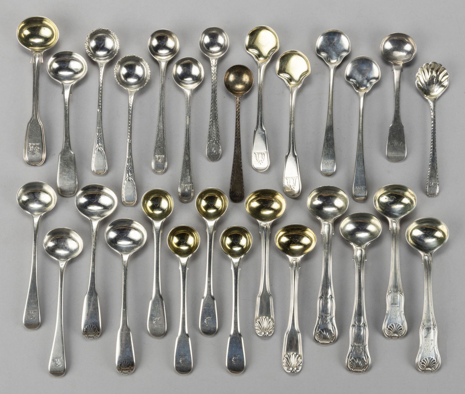 GEORGIAN BRITISH STERLING SILVER SALT SPOONS, LOT OF 28, comprising a Scottish example with (1 of 1)