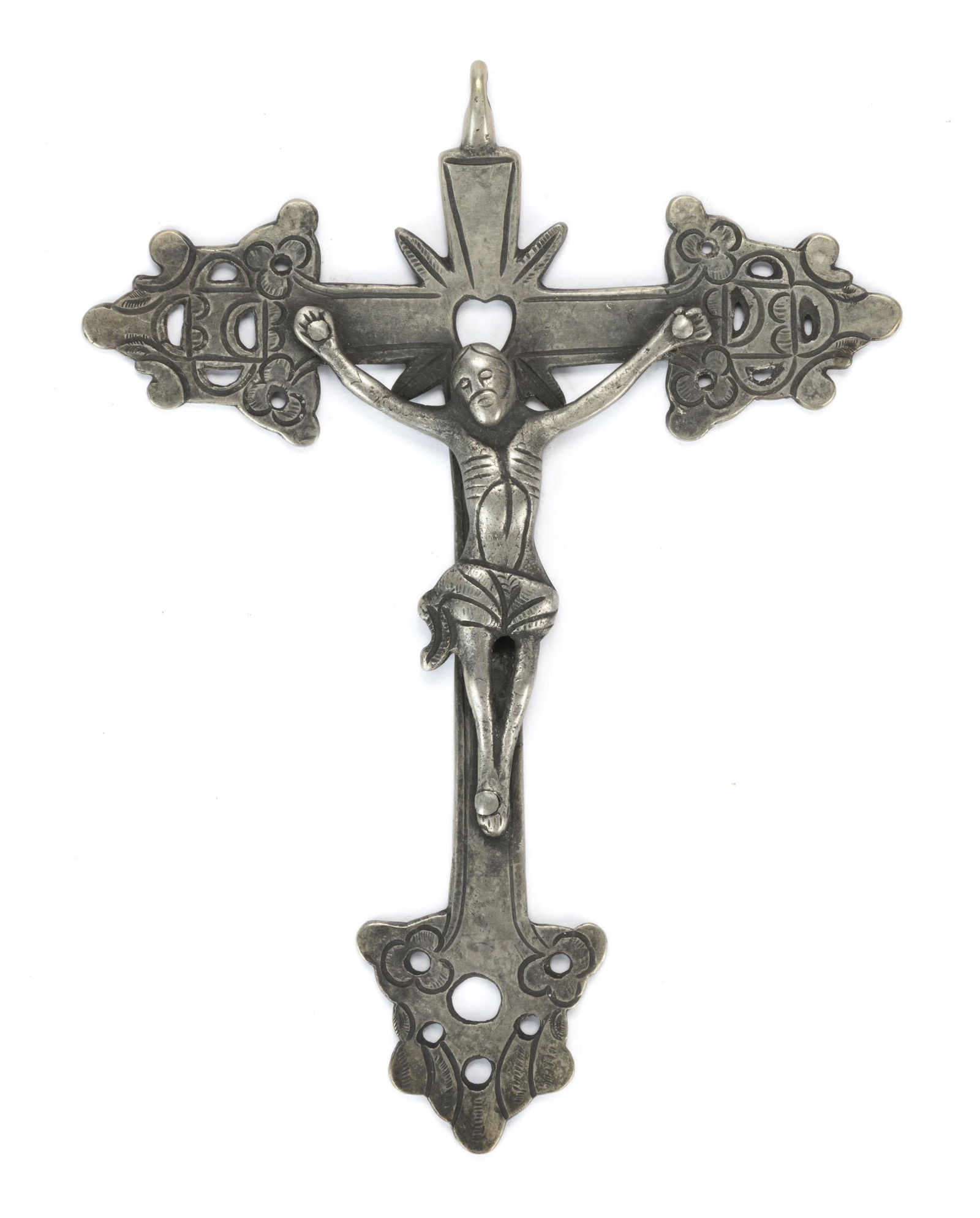 SPANISH COLONIAL SILVER CRUCIFIX / CRISTO LARGE PENDANT, featuring the figure of Jesus nailed to (1 of 1)