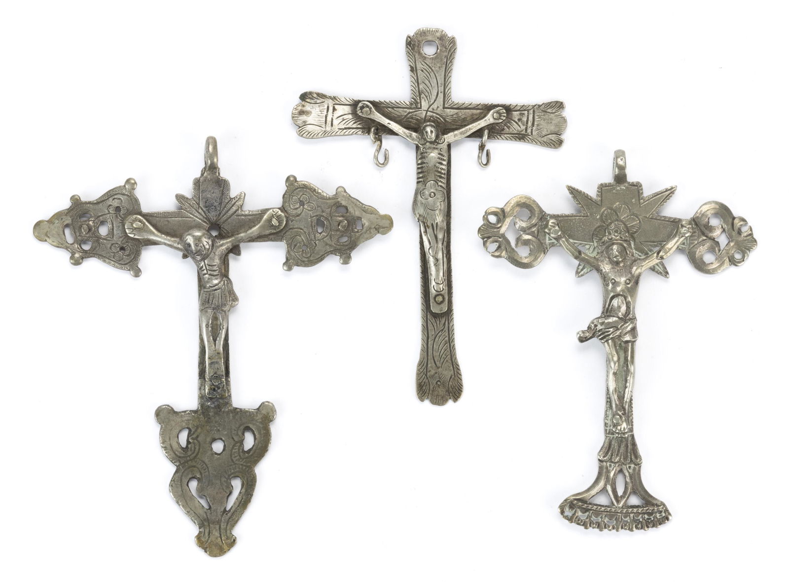 SPANISH COLONIAL SILVER CRUCIFIX / CRISTO LARGE PENDANTS, LOT OF THREE, each featuring the figure (1 of 1)