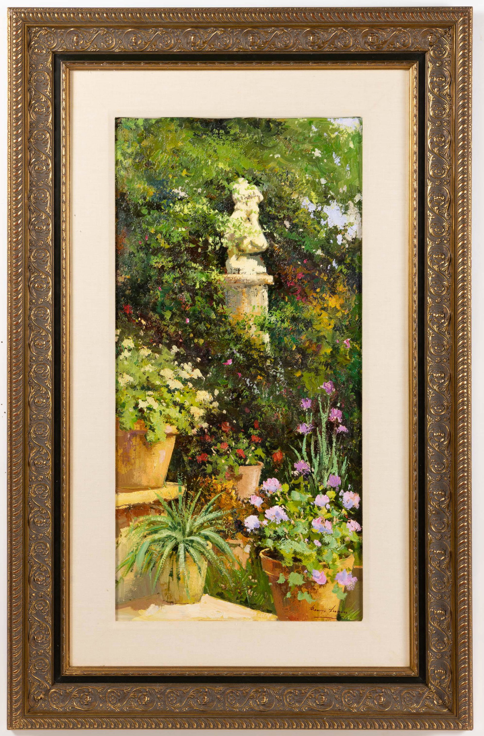 JOSE MANUEL ROMAN FRANCES (SPANISH, B. 1950) LANDSCAPE PAINTING, oil on canvas, bold colors,: JOSE MANUEL ROMAN FRANCES (SPANISH, B. 1950) LANDSCAPE PAINTING, oil on canvas, bold colors, depicting a garden sculpture amongst flowers, signed lower right. Housed in a modern gilt molded frame