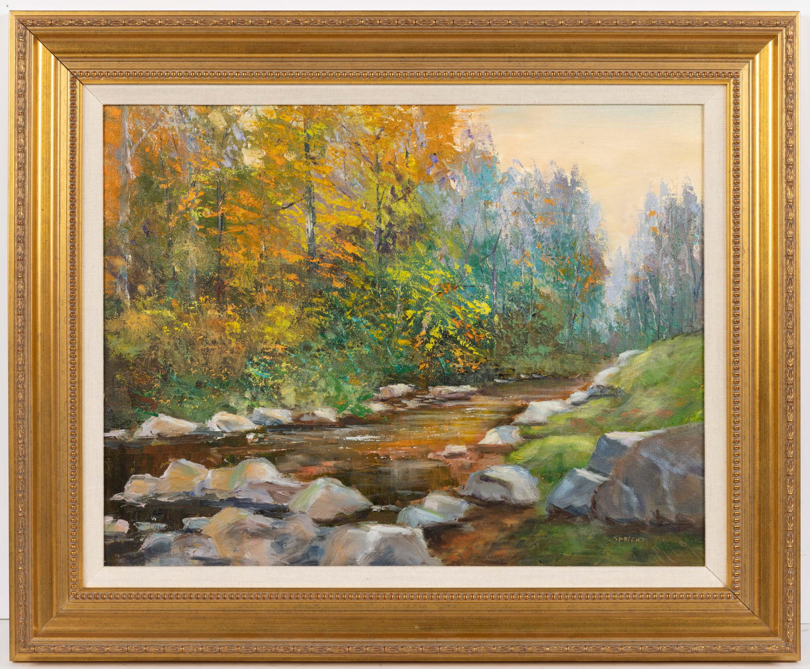 FRAN SPEIGHT (NORTH CAROLINA, XX-XXI CENTURY) "EVENING GLOW" LANDSCAPE PAINTING, oil on: FRAN SPEIGHT (NORTH CAROLINA, XX-XXI CENTURY) "EVENING GLOW" LANDSCAPE PAINTING, oil on canvas, depicting a creek against a fall-like setting, signed lower right "SPEIGHT". Housed in a modern gilt mol