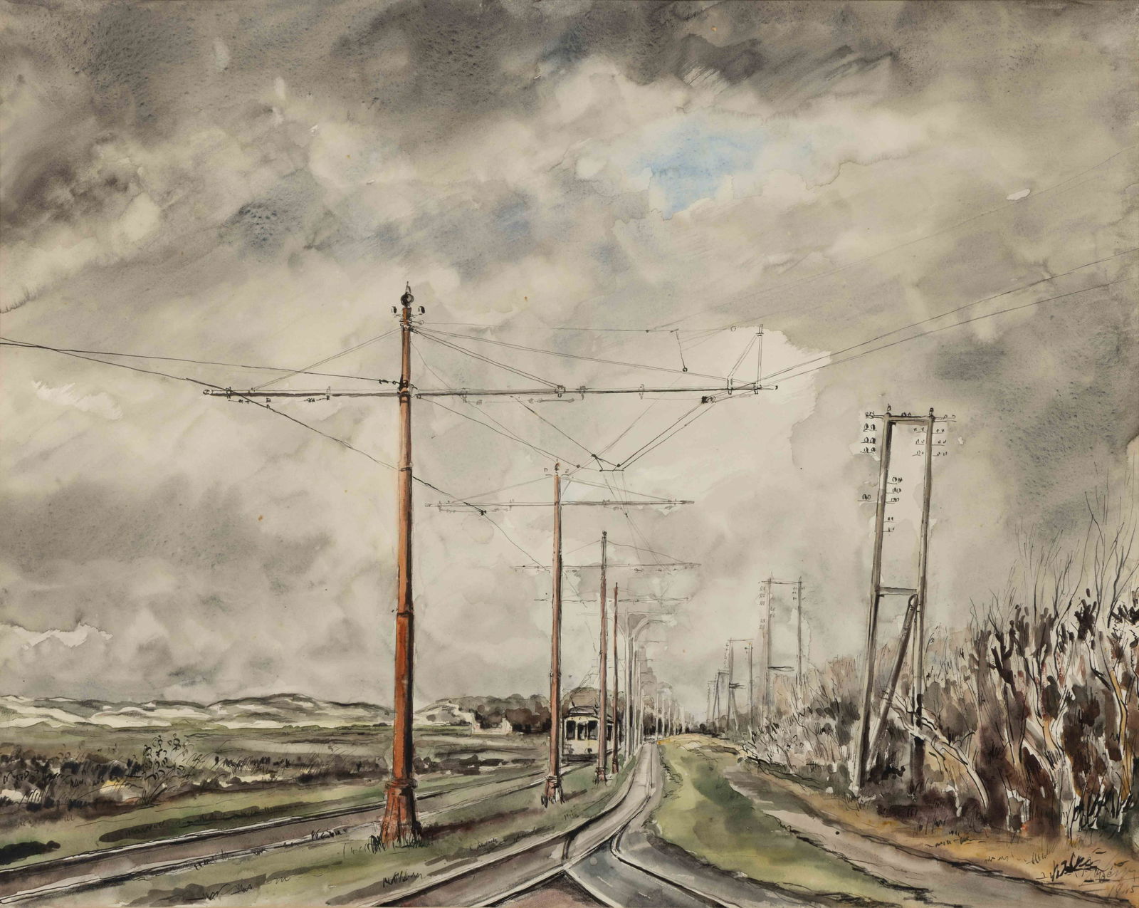 LEOPOLD LEVY (FRENCH, 1882-1966) STREETCAR SCENE, watercolor on paper, depicting the power lines (1 of 4)