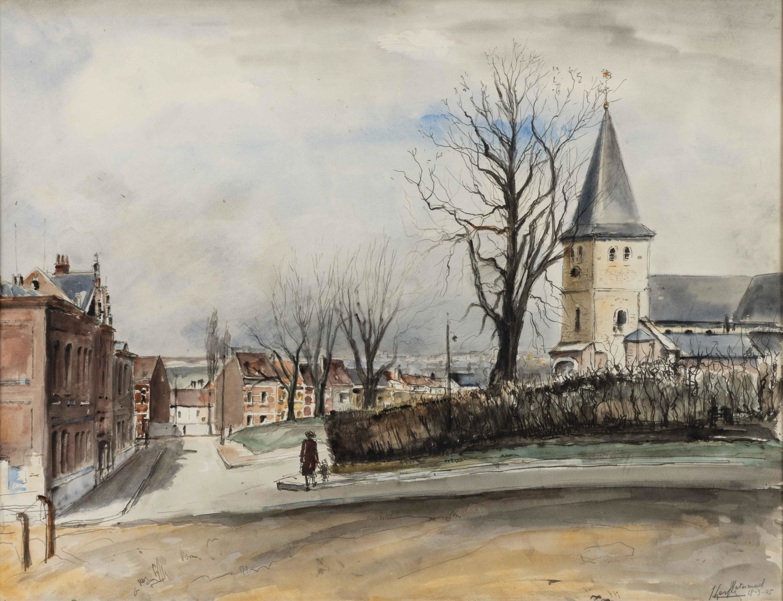 LEOPOLD LEVY (FRENCH, 1882-1966) VIEW OF WATERMAEL-BOITSFORT, watercolor on paper, depicting the: LEOPOLD LEVY (FRENCH, 1882-1966) VIEW OF WATERMAEL-BOITSFORT, watercolor on paper, depicting the Church of St. Clement, signed and dated "1945" lower right. Housed under glass in likely orig