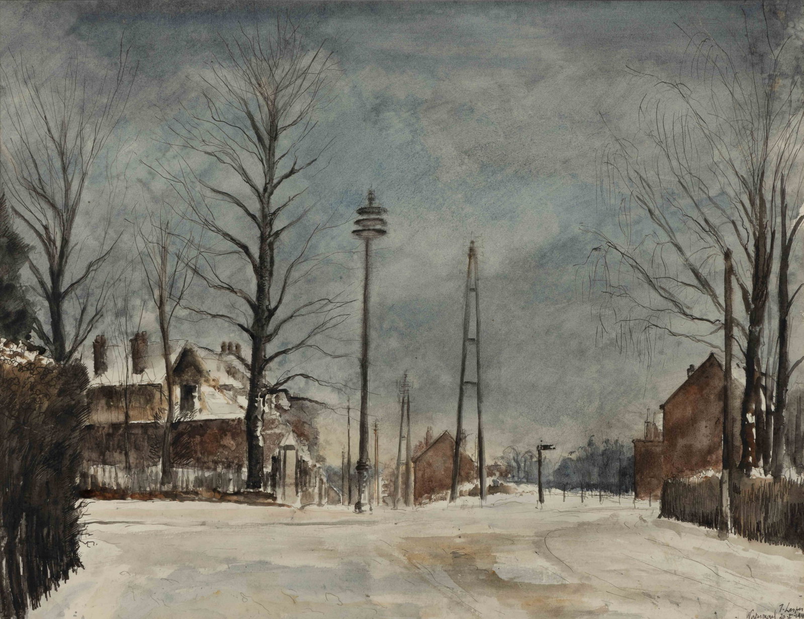 LEOPOLD LEVY (FRENCH, 1882-1966) VIEW OF WATERMAEL-BOITSFORT, watercolor on paper, depicting a: LEOPOLD LEVY (FRENCH, 1882-1966) VIEW OF WATERMAEL-BOITSFORT, watercolor on paper, depicting a winter scene with tower structures in the center of a city or suburb of Belgium, signed and dated lower r