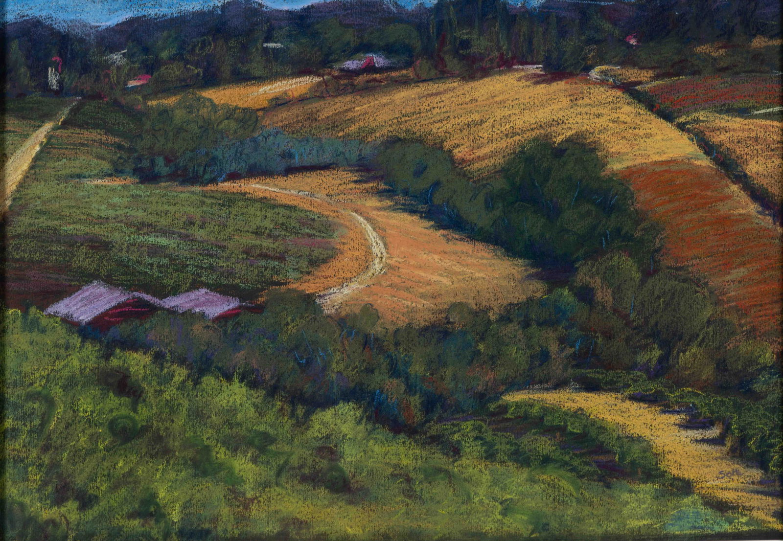 SUSAN SOHL (SONOMA, CALIFORNIA, 1945-2020) LANDSCAPE PAINTING, pastel on paper, bolding colors (1 of 4)