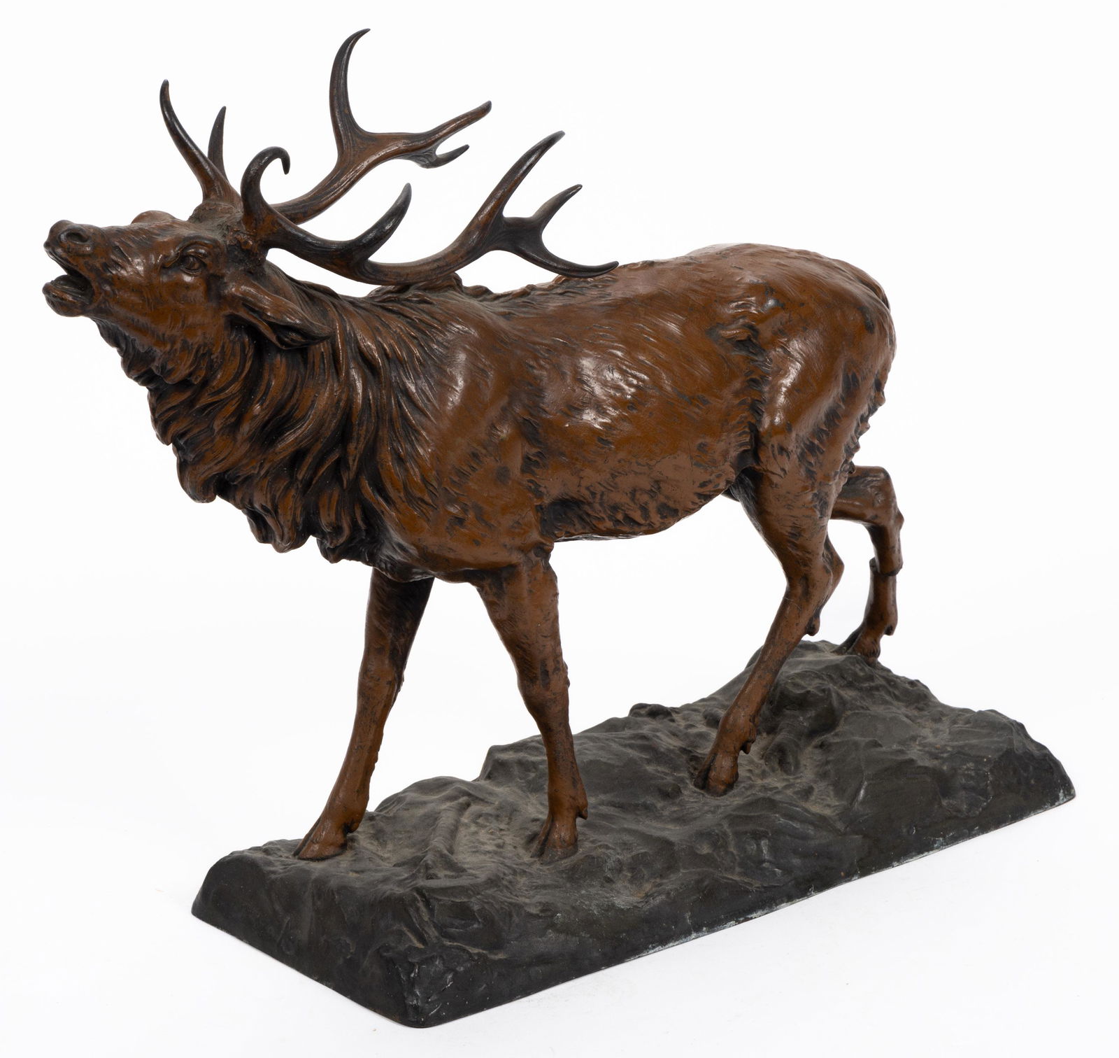 WHITE METAL FIGURE OF BUGLING ELK, hollow, no signatures or markings located. Retains original (1 of 5)