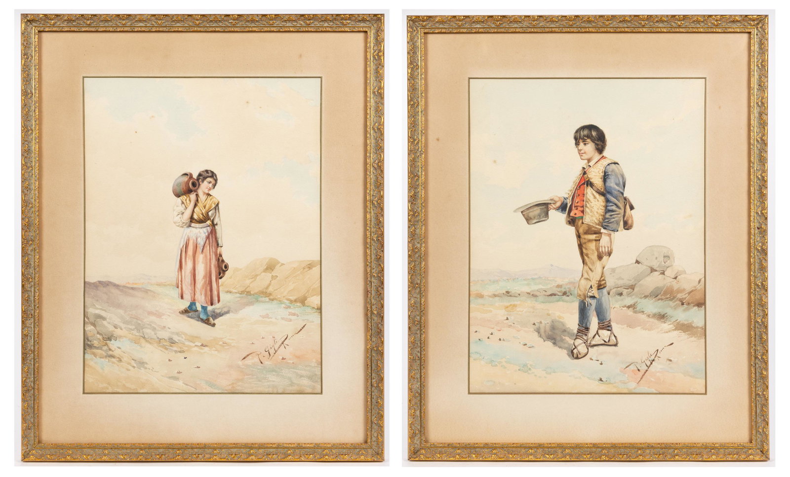 PAIR OF ROBERTO GIGLI (ITALIAN, 1846-1922) PORTRAITS OF PEASANTS, watercolor on paper, each signed: PAIR OF ROBERTO GIGLI (ITALIAN, 1846-1922) PORTRAITS OF PEASANTS, watercolor on paper, each signed "R. Gigli / Roma" lower right and housed in a modern frame. Late 19th/early 20th century. 1