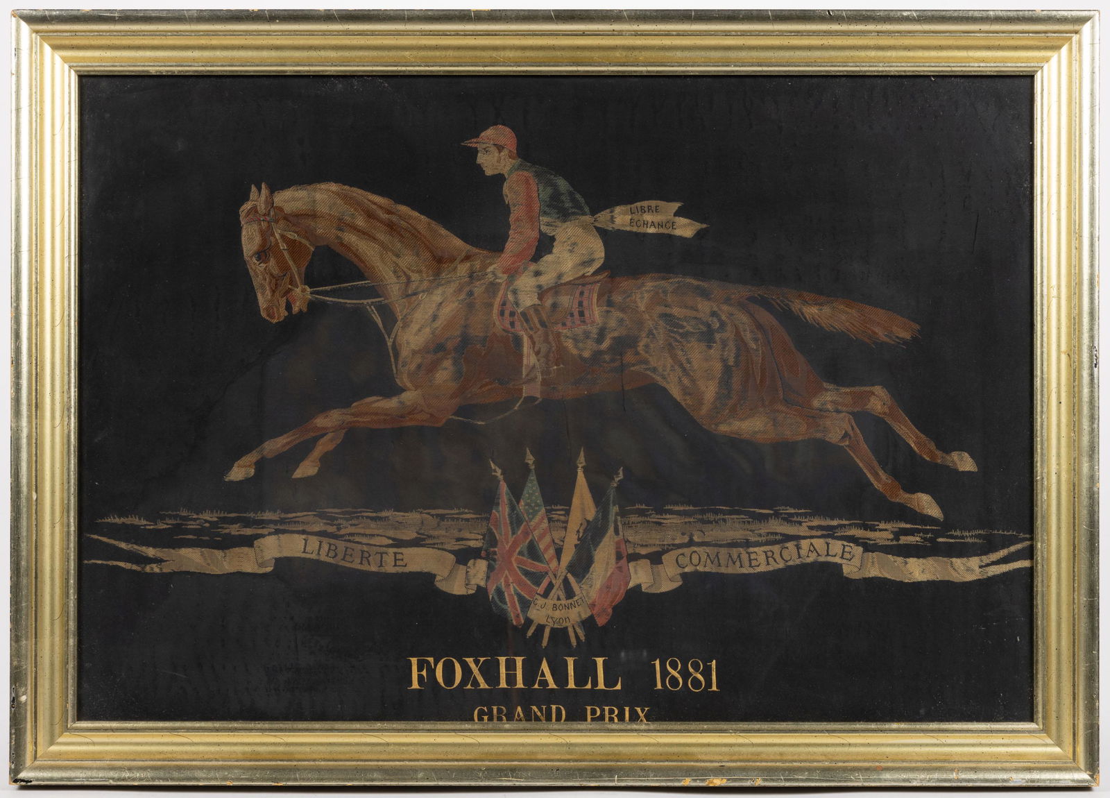 SILK EQUESTRIAN PANEL FOR C.J. BONNET, depicting a jockey with a 'Free trade' belt, (1 of 3)